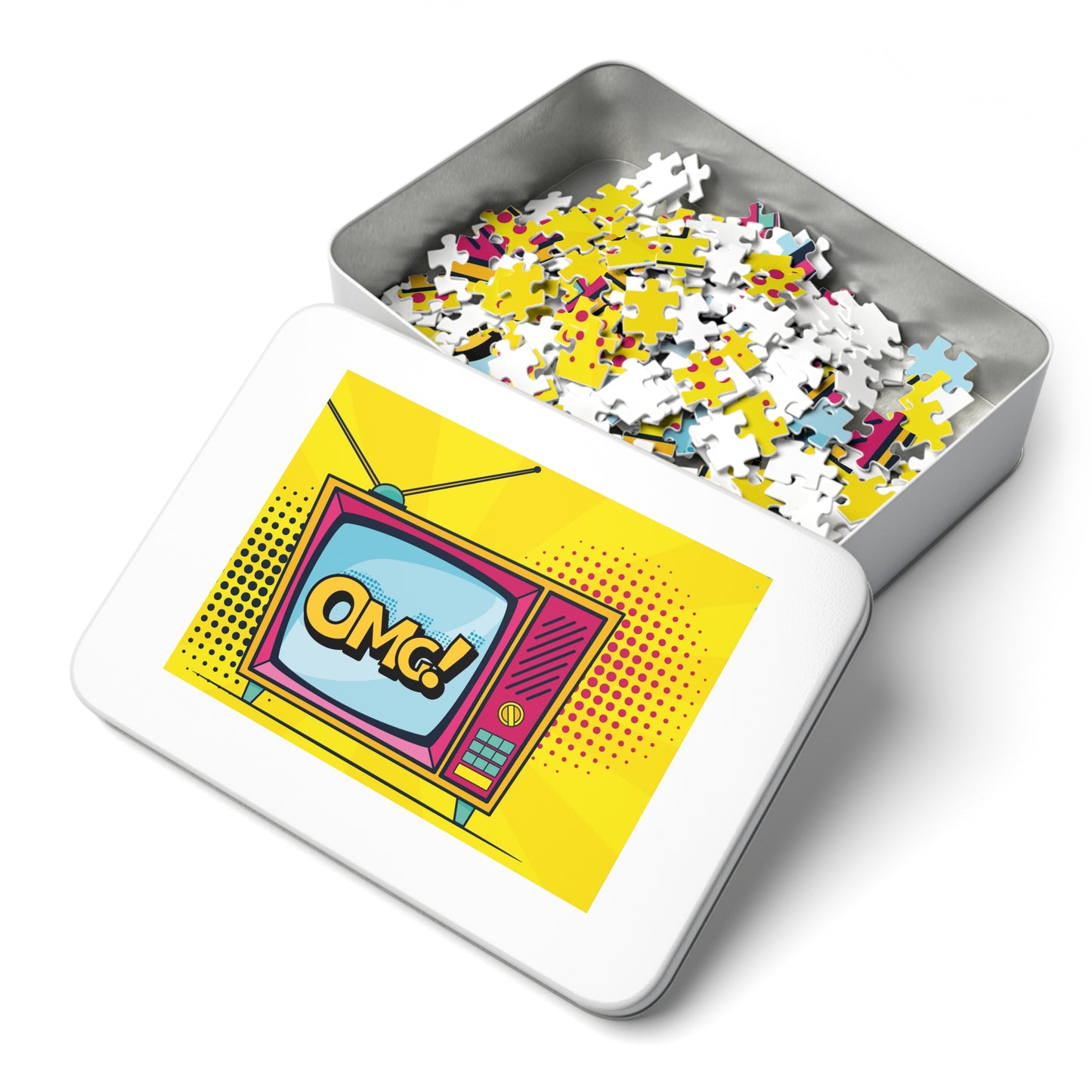 Retro TV OMG! Jigsaw Puzzle with Tin - Fun & Colorful 500-Piece Puzzle for Friends & Family