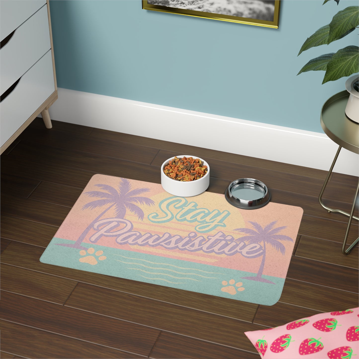 Stay Pawsistive Pet Food Mat — Retro Beach Dog Bowl Placemat