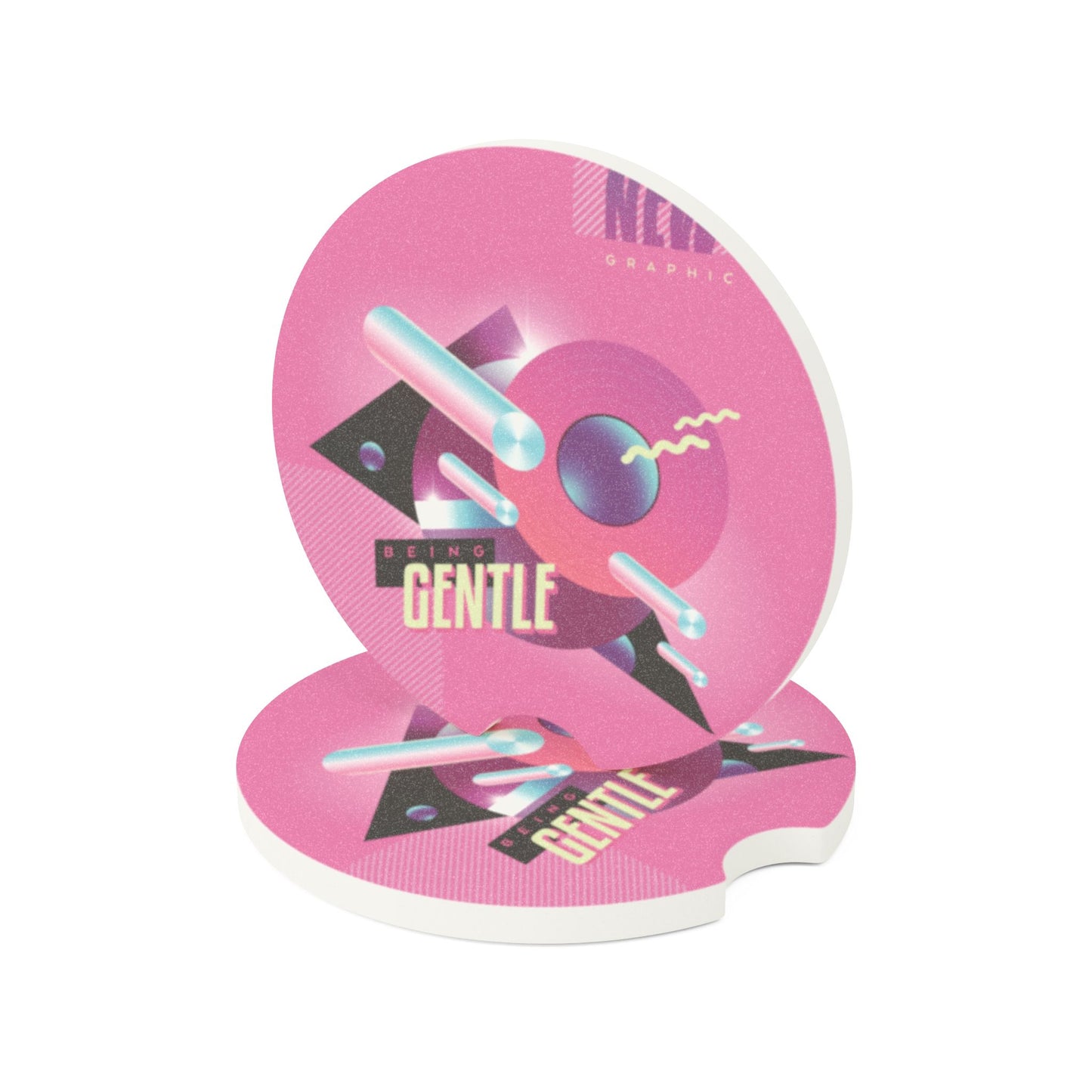 Retro Pink Geometric Car Coaster — 'Be Kind, Be Gentle' Soapstone Cup Holder Mat