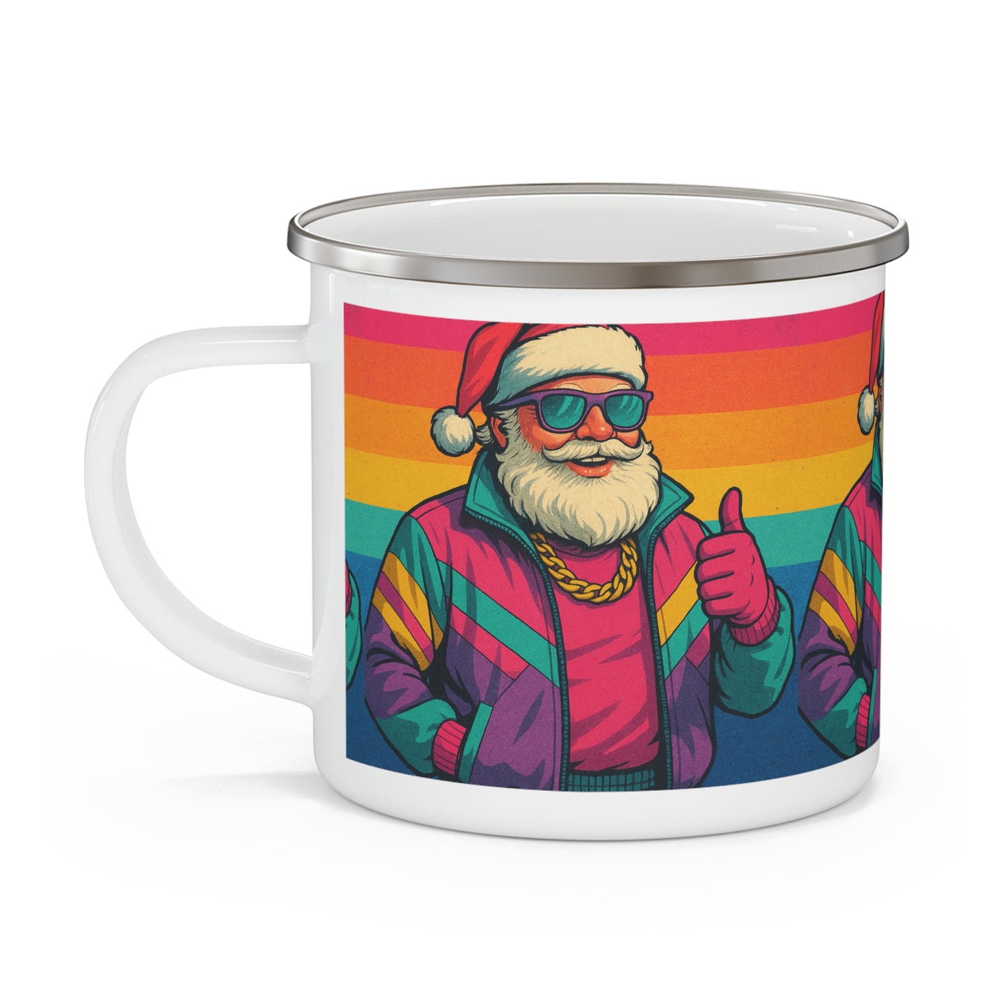 Retro Santa Enamel Camping Mug — Colorful ’80s Santa Coffee Cup