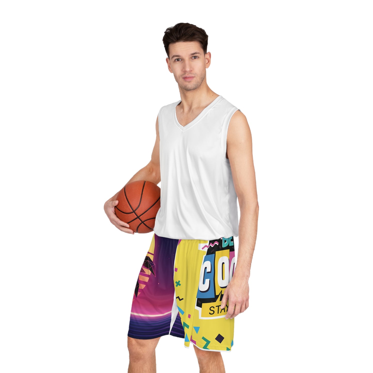 Retro Palm Sunset Basketball Shorts — "Stay Cool, Stay Calm" AOP