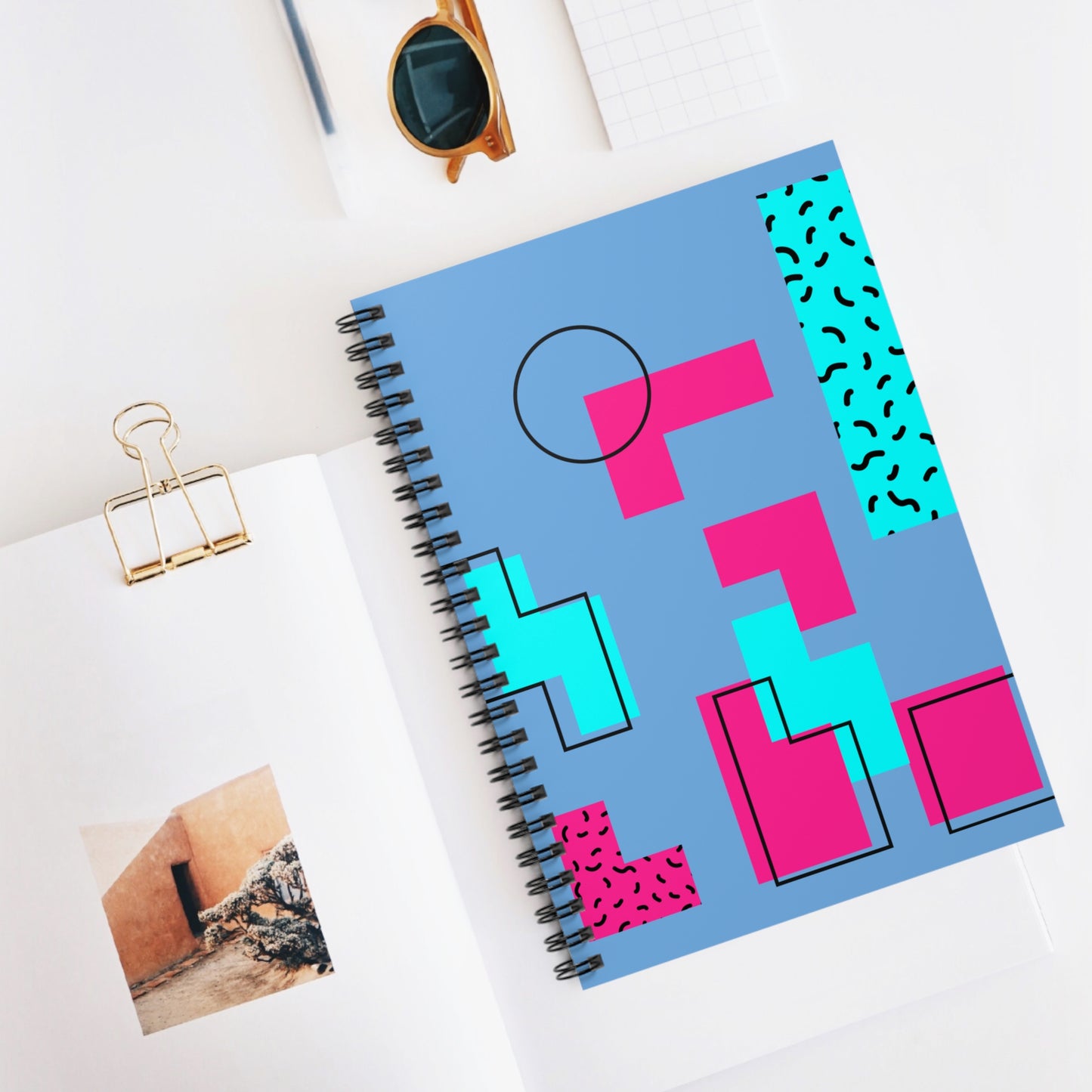 Retro Geometric Spiral Notebook — 80s Memphis Style Ruled Journal