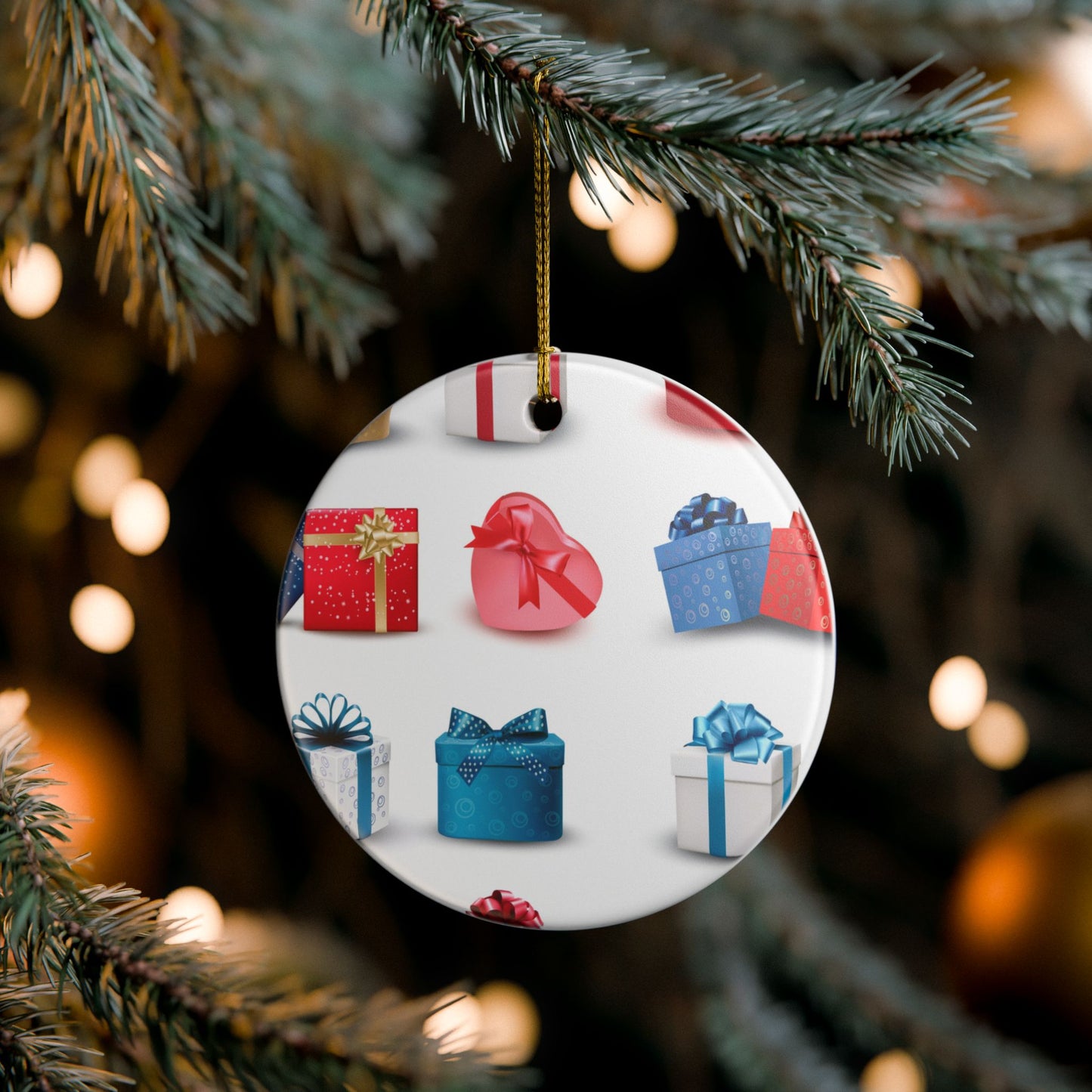 Gift Box Pattern Ceramic Ornament — Holiday Christmas Tree Decoration