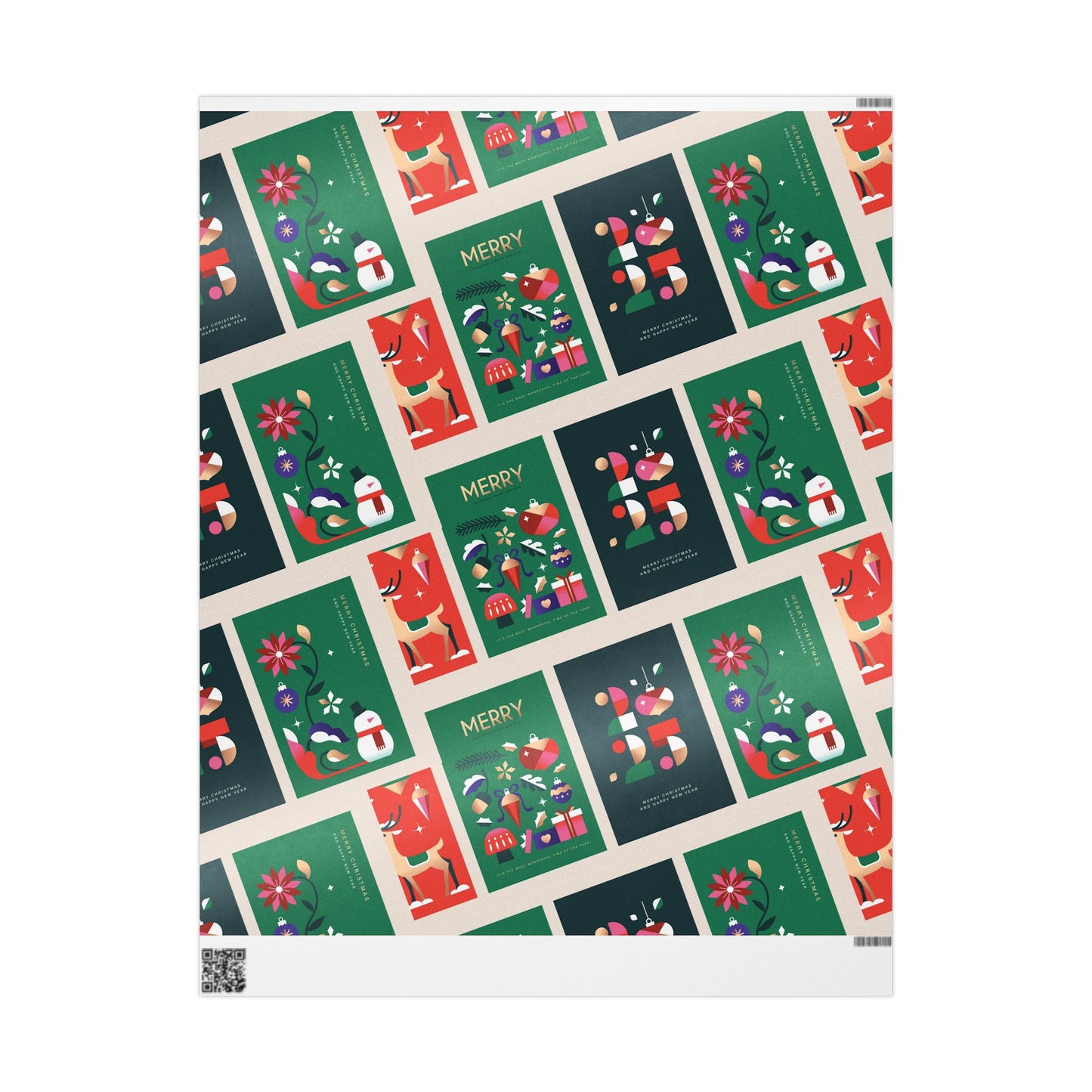 Christmas Gift Wrap Paper Roll — Festive 'Merry' Holiday Pattern with Ornaments & Snowmen