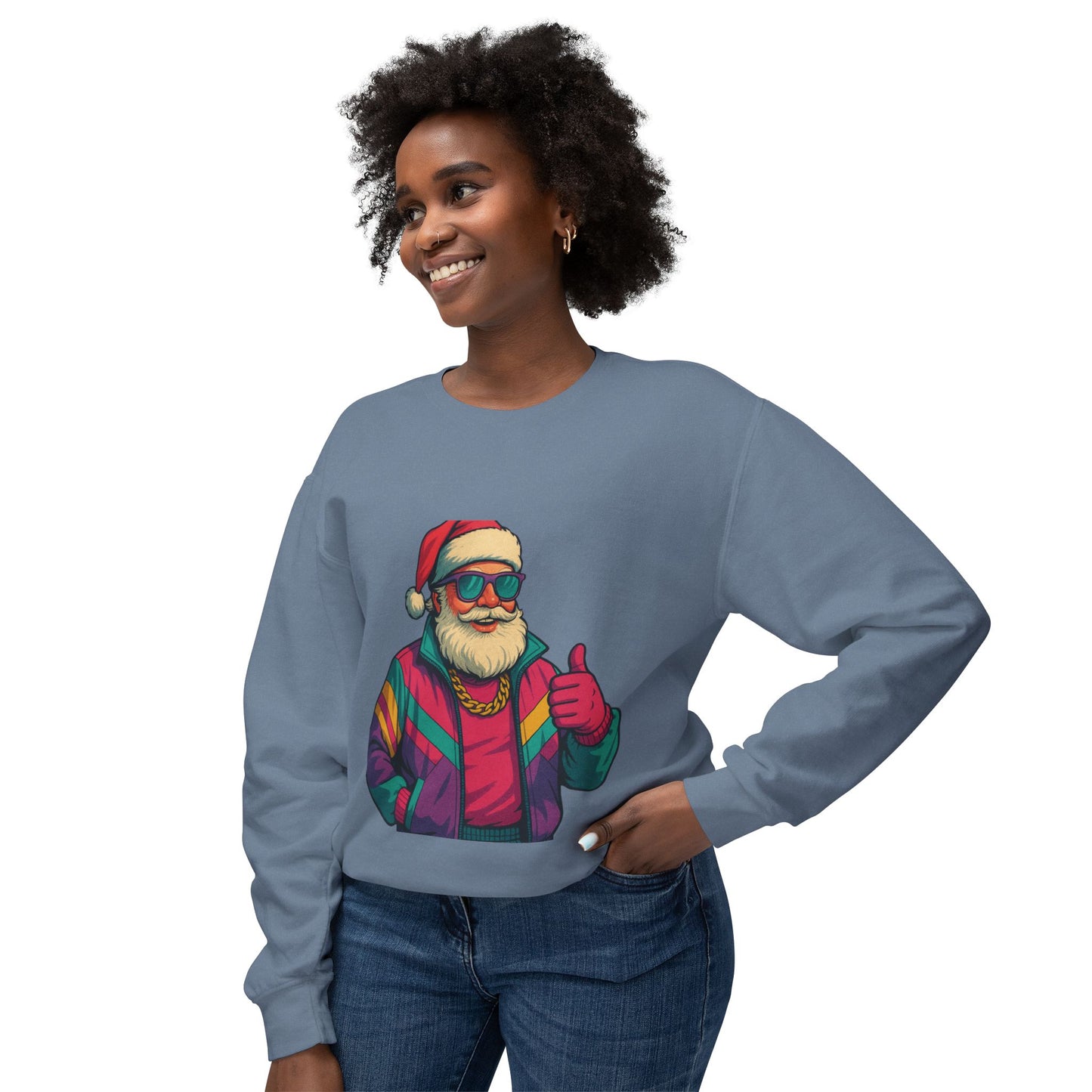 Retro 80s Christmas Sweatshirt – Synthwave Santa Thumbs Up