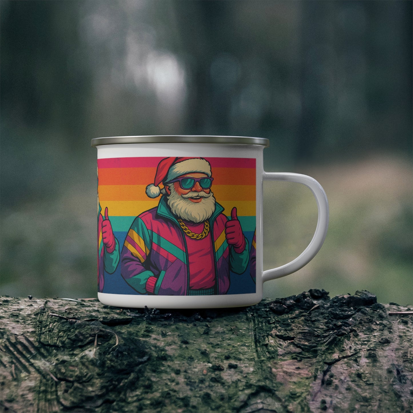 Retro Santa Enamel Camping Mug — Colorful ’80s Santa Coffee Cup