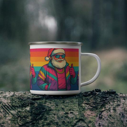 Retro Santa Enamel Camping Mug — Colorful ’80s Santa Coffee Cup