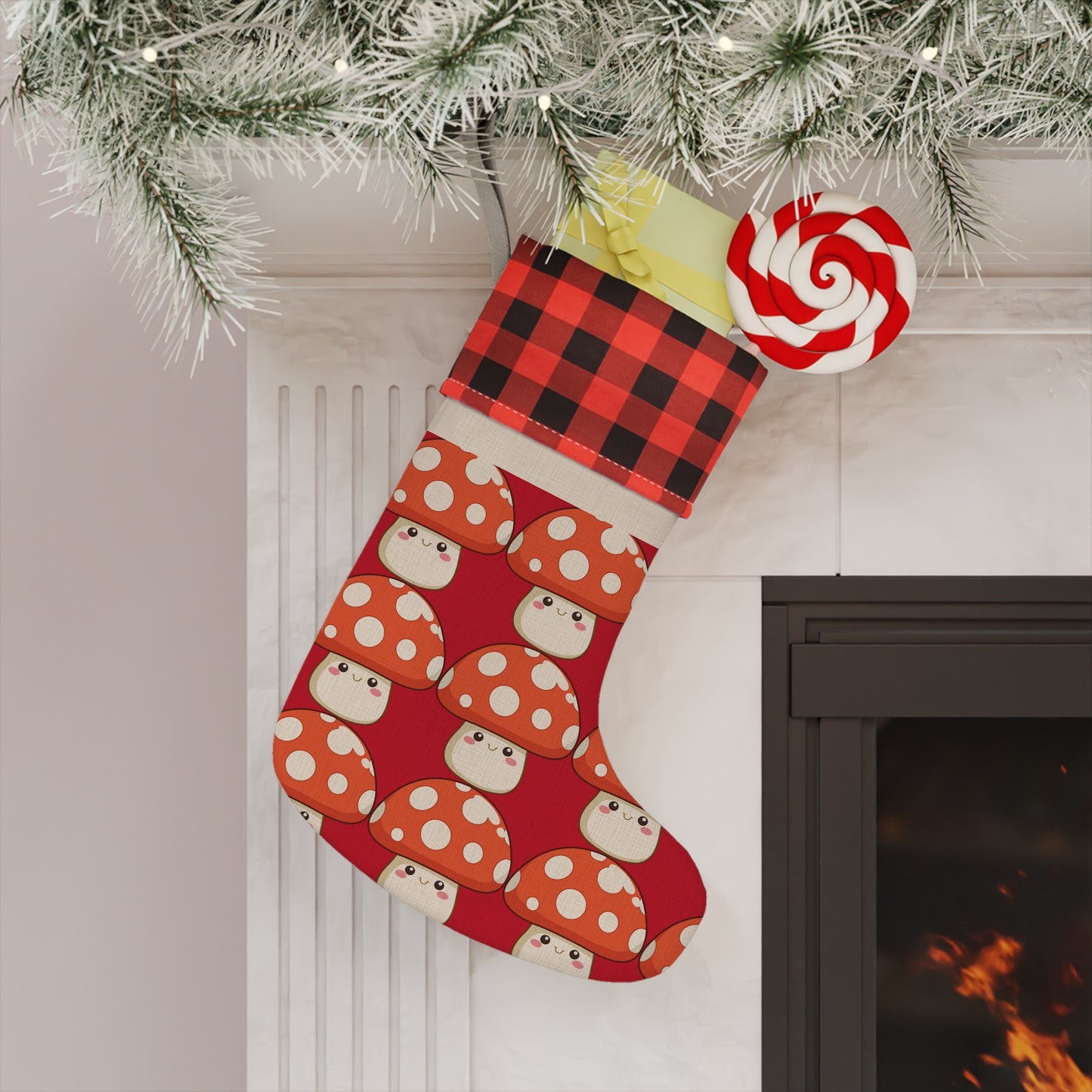 Cute Red Mushroom Christmas Stocking with Buffalo Plaid Cuff
