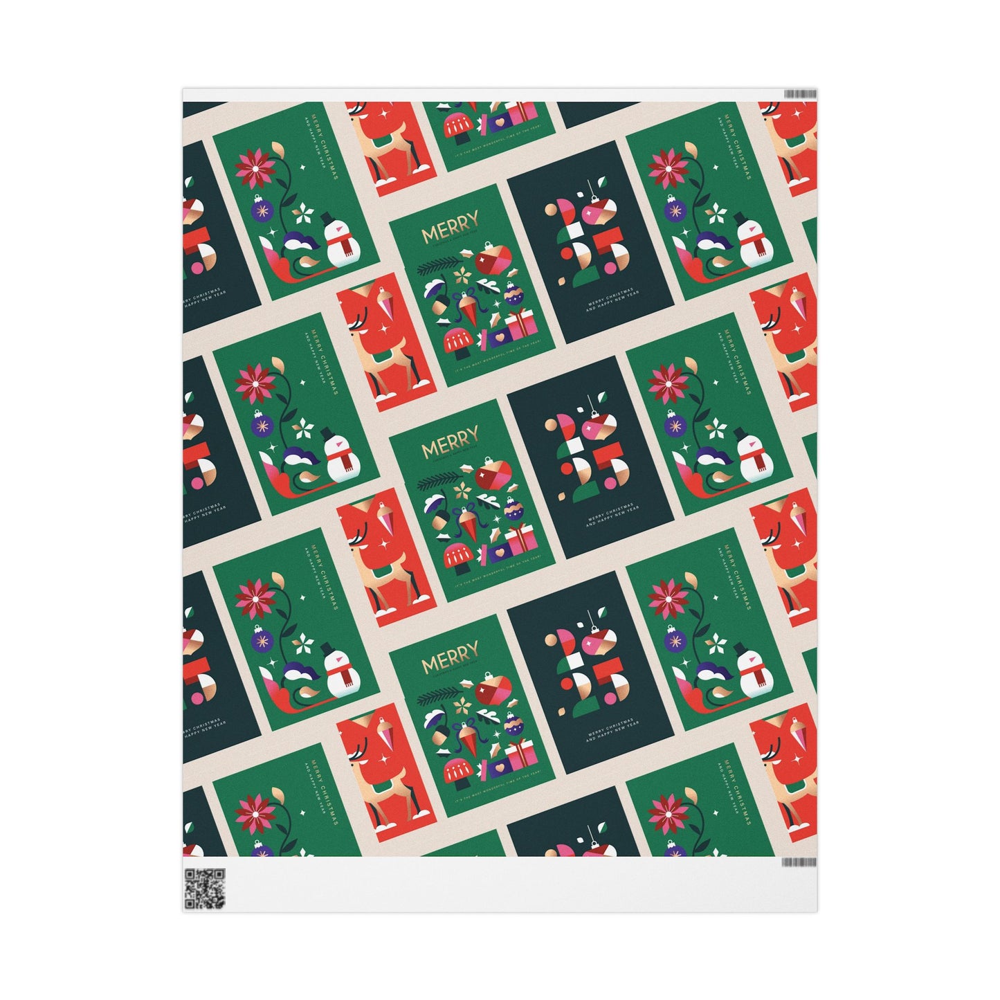 Christmas Gift Wrap Paper Roll — Festive 'Merry' Holiday Pattern with Ornaments & Snowmen