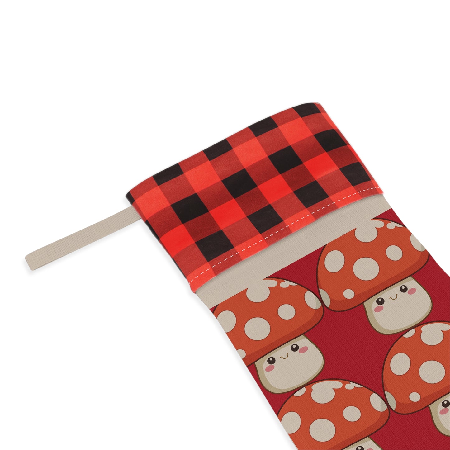 Cute Red Mushroom Christmas Stocking with Buffalo Plaid Cuff