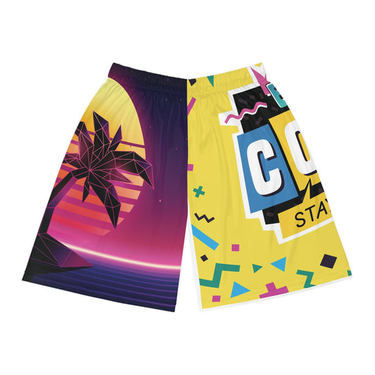 Retro Palm Sunset Basketball Shorts — "Stay Cool, Stay Calm" AOP