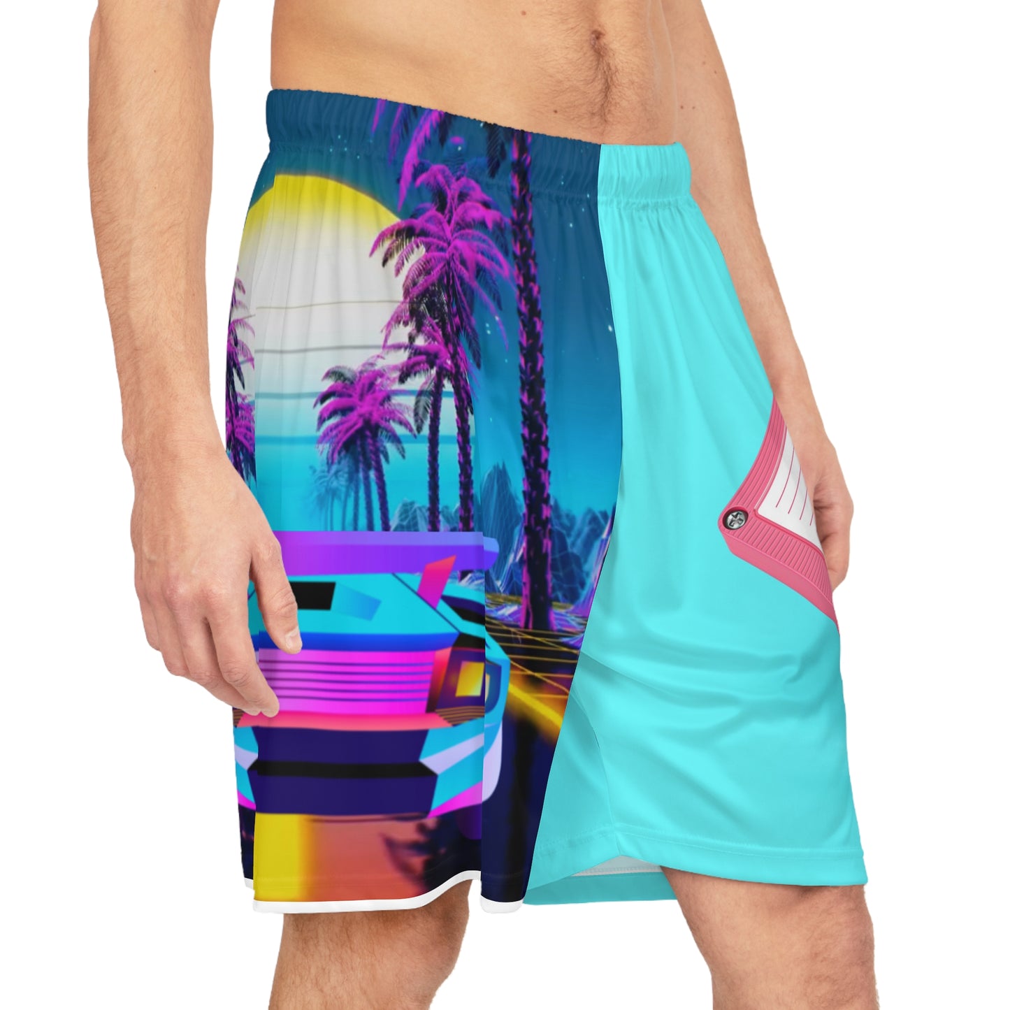 Retro Vaporwave Basketball Shorts — Neon Cassette & Sports Car AOP