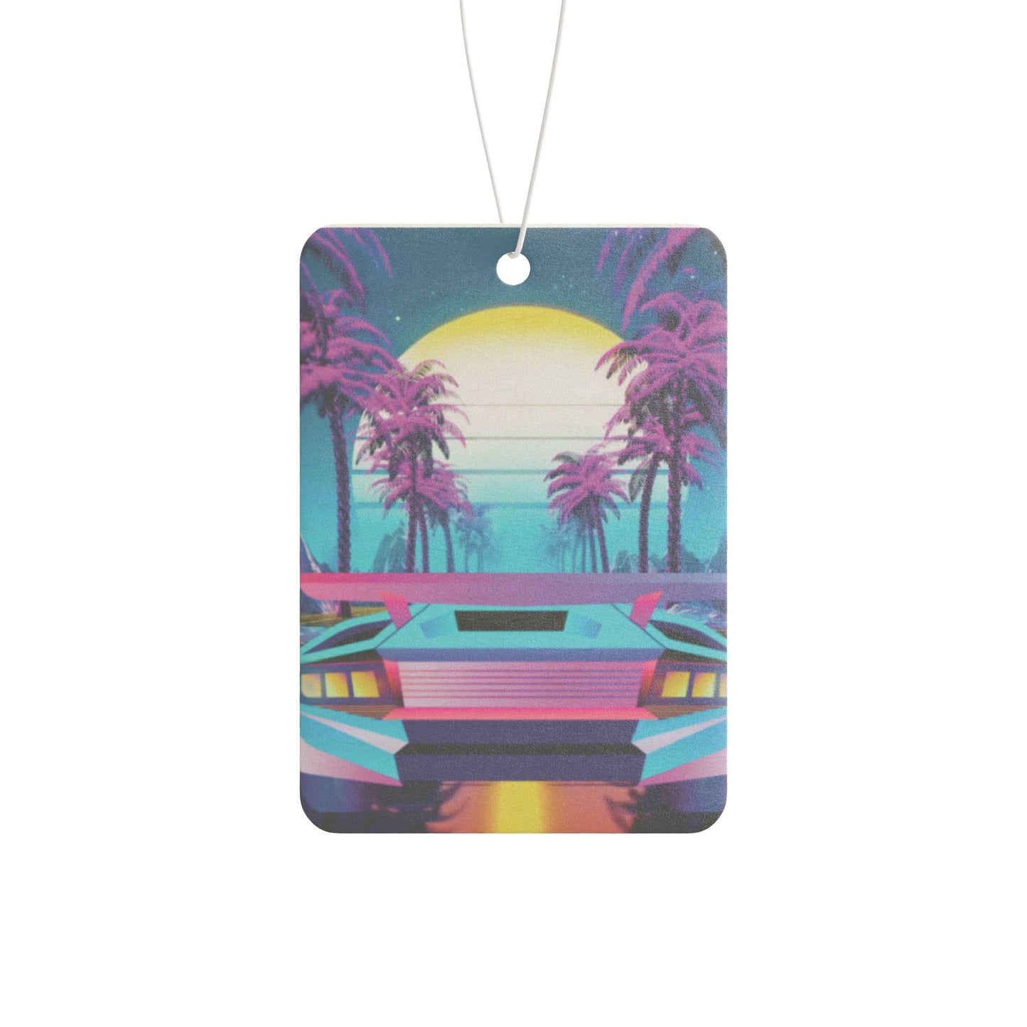 Retro Vaporwave Car Air Freshener — Neon Sports Car Palm Trees