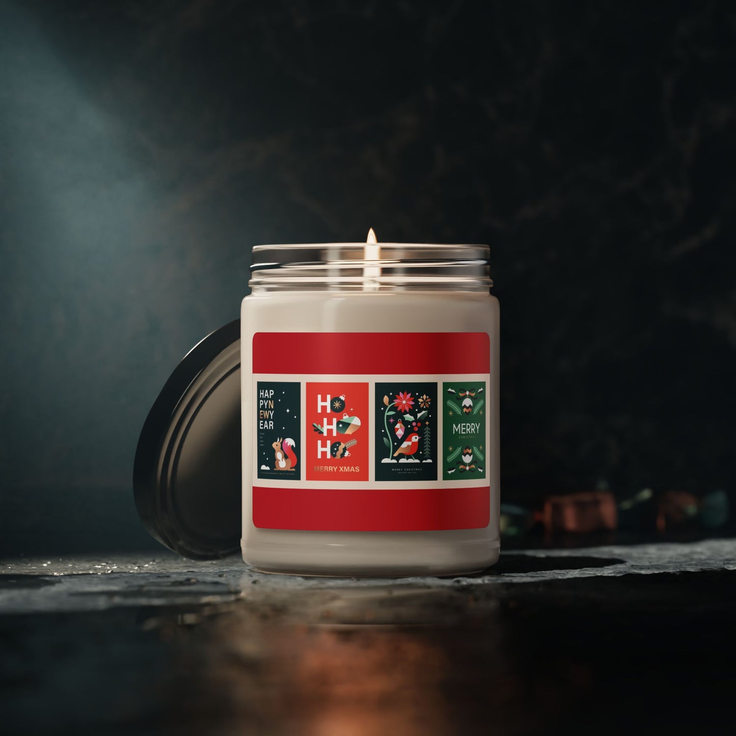 Holiday Greeting Soy Candle — 9oz Christmas Scented Jar (Ho Ho Ho, Merry)
