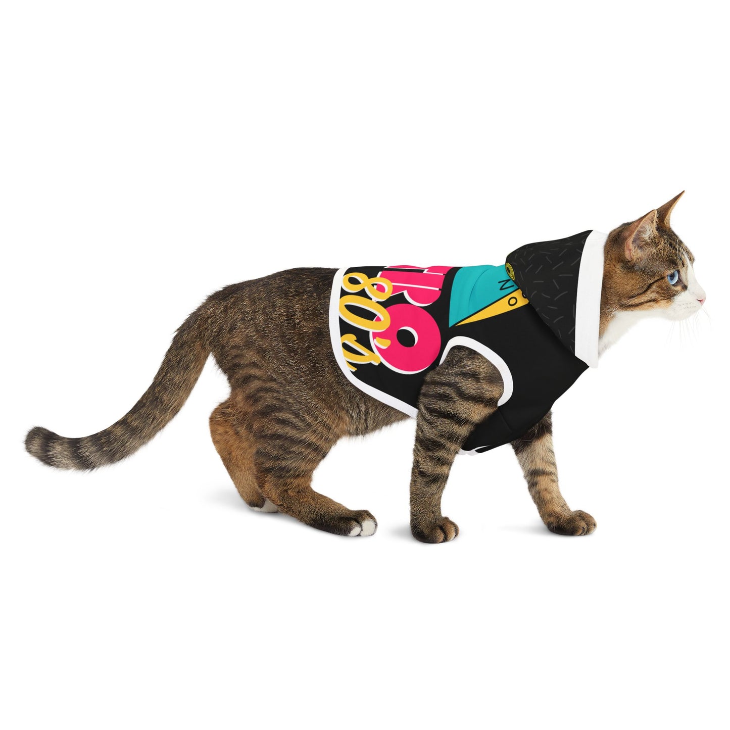 Retro 80s Pet Hoodie – Colorful Mixtape Boom Box Design