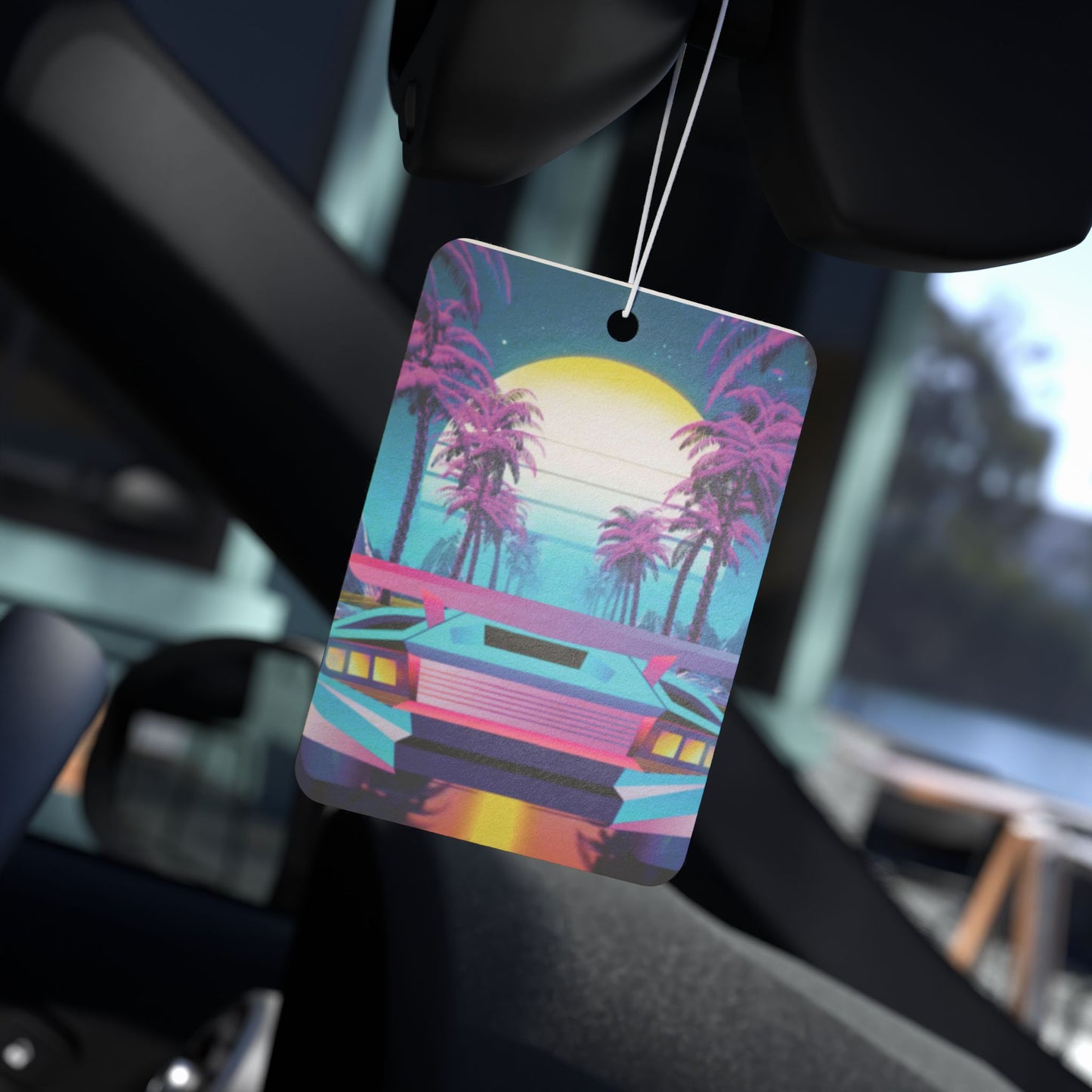 Retro Vaporwave Car Air Freshener — Neon Sports Car Palm Trees