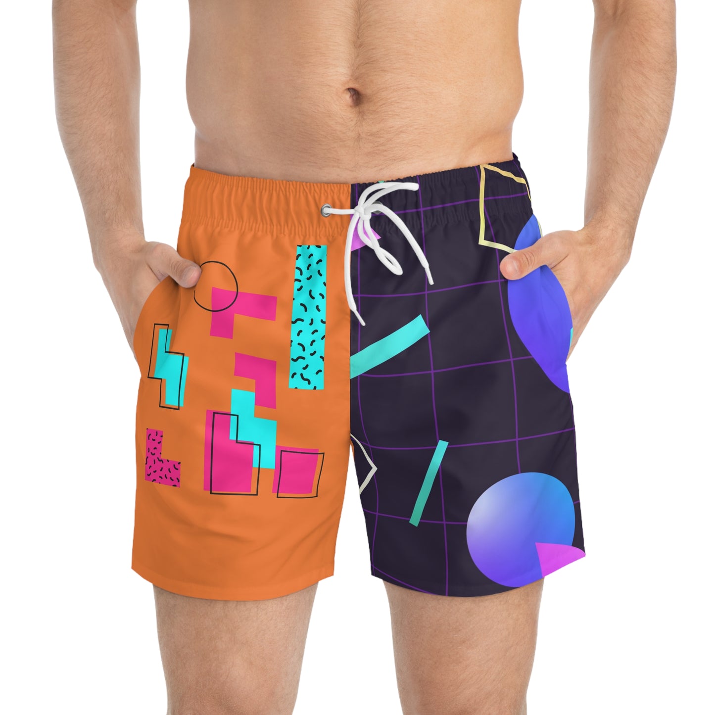 Retro 80s Geometric Swim Trunks for Summer Fun