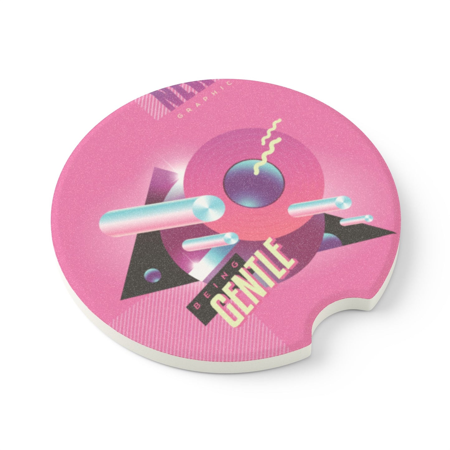 Retro Pink Geometric Car Coaster — 'Be Kind, Be Gentle' Soapstone Cup Holder Mat