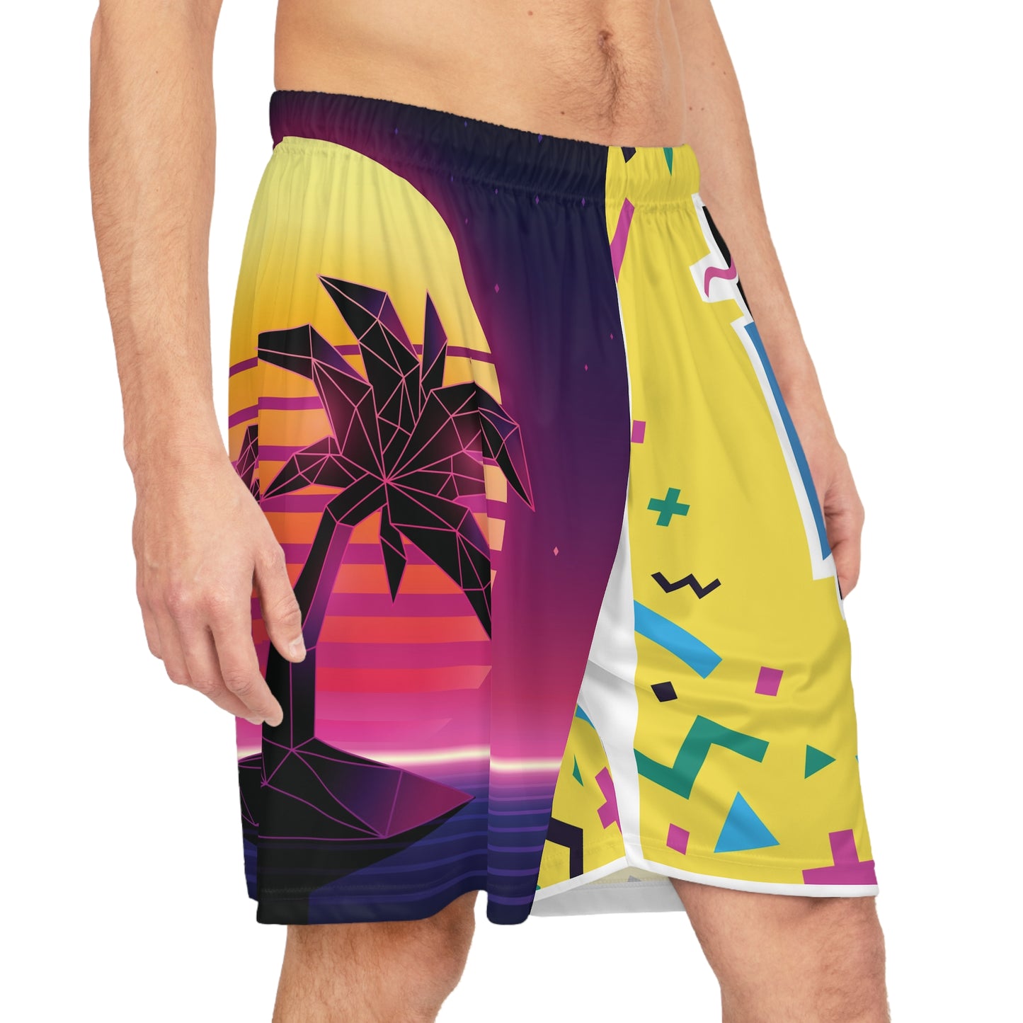 Retro Palm Sunset Basketball Shorts — "Stay Cool, Stay Calm" AOP
