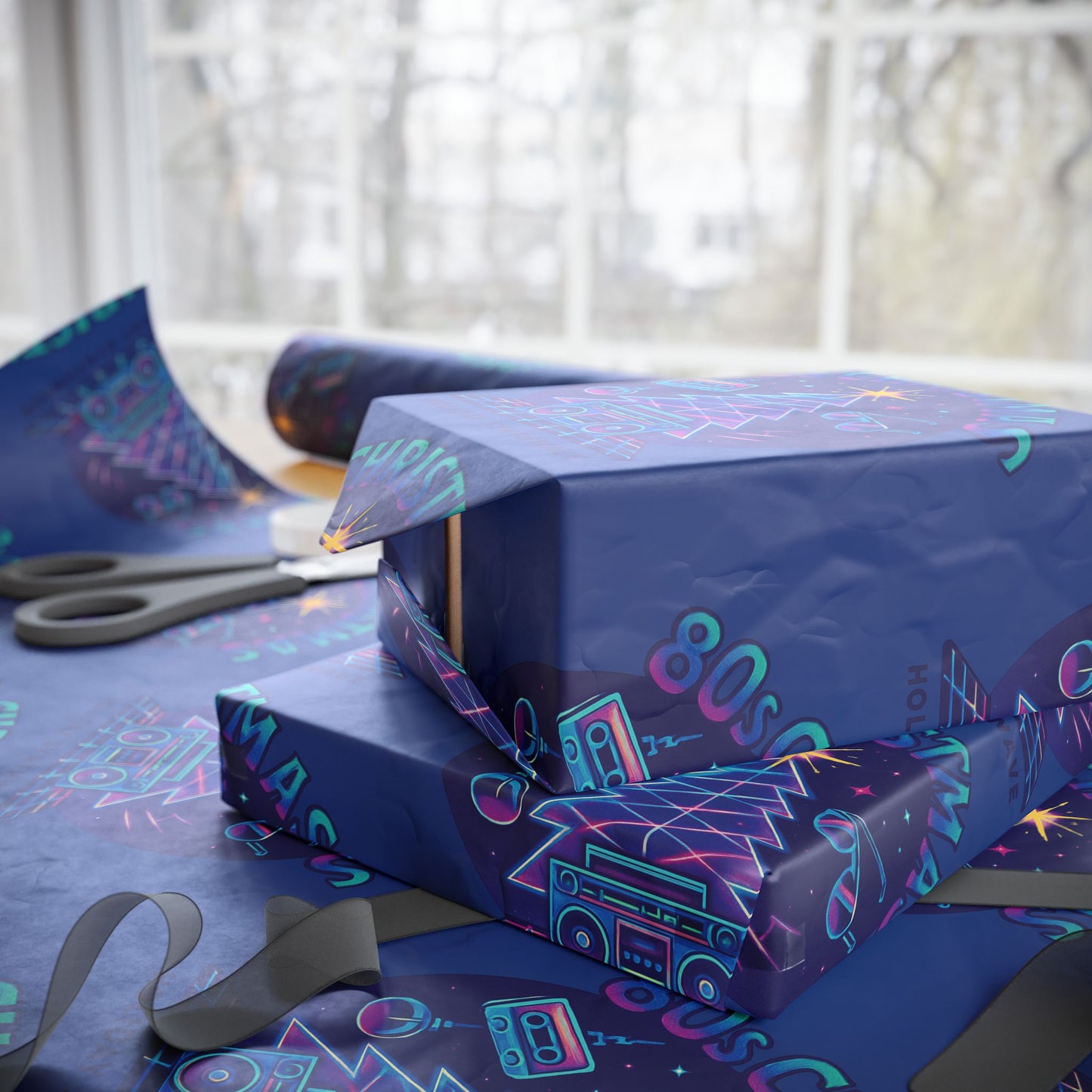 Neon Retro Christmas Wrapping Paper – 'Merry Christmas' Blue Holiday Gift Wrap