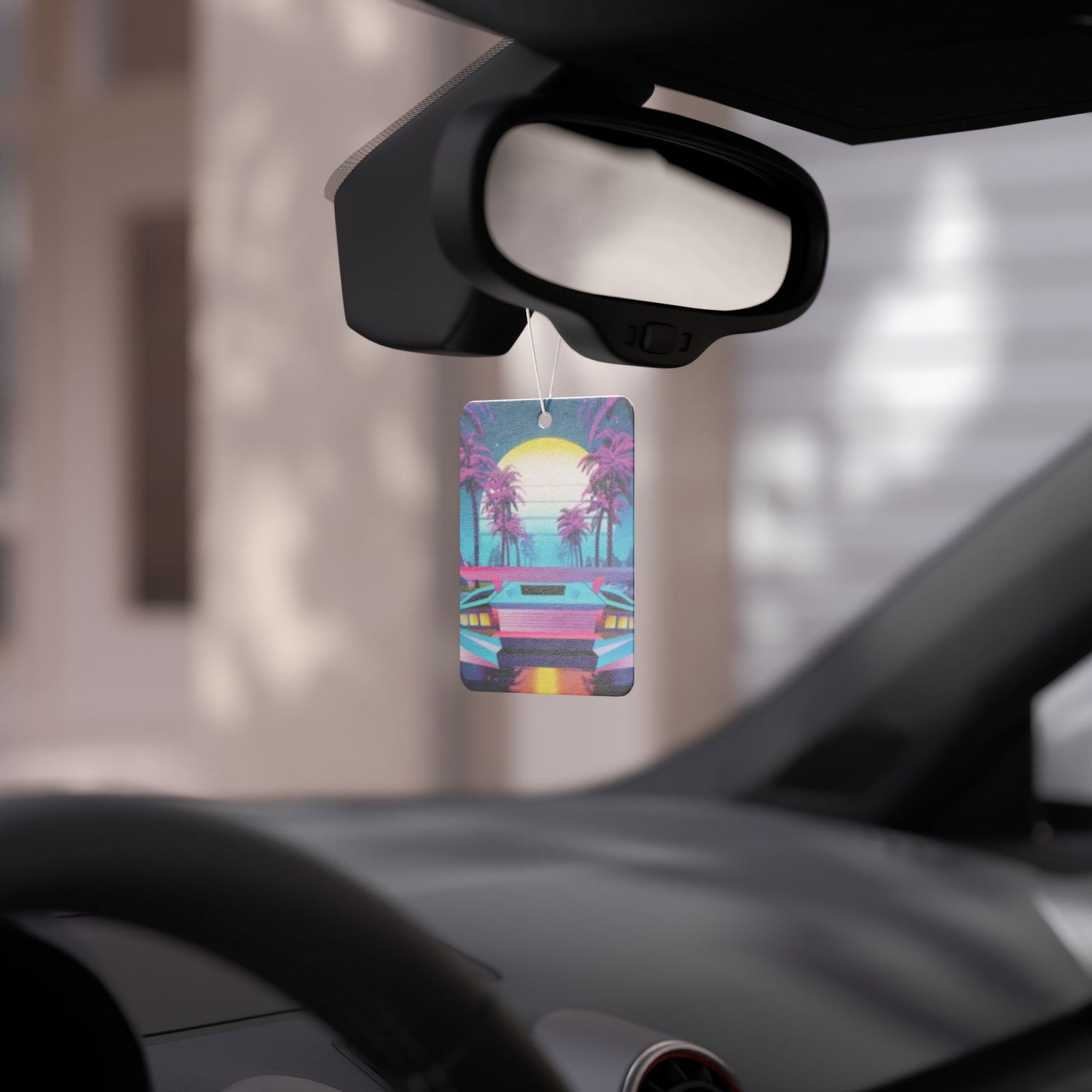 Retro Vaporwave Car Air Freshener — Neon Sports Car Palm Trees