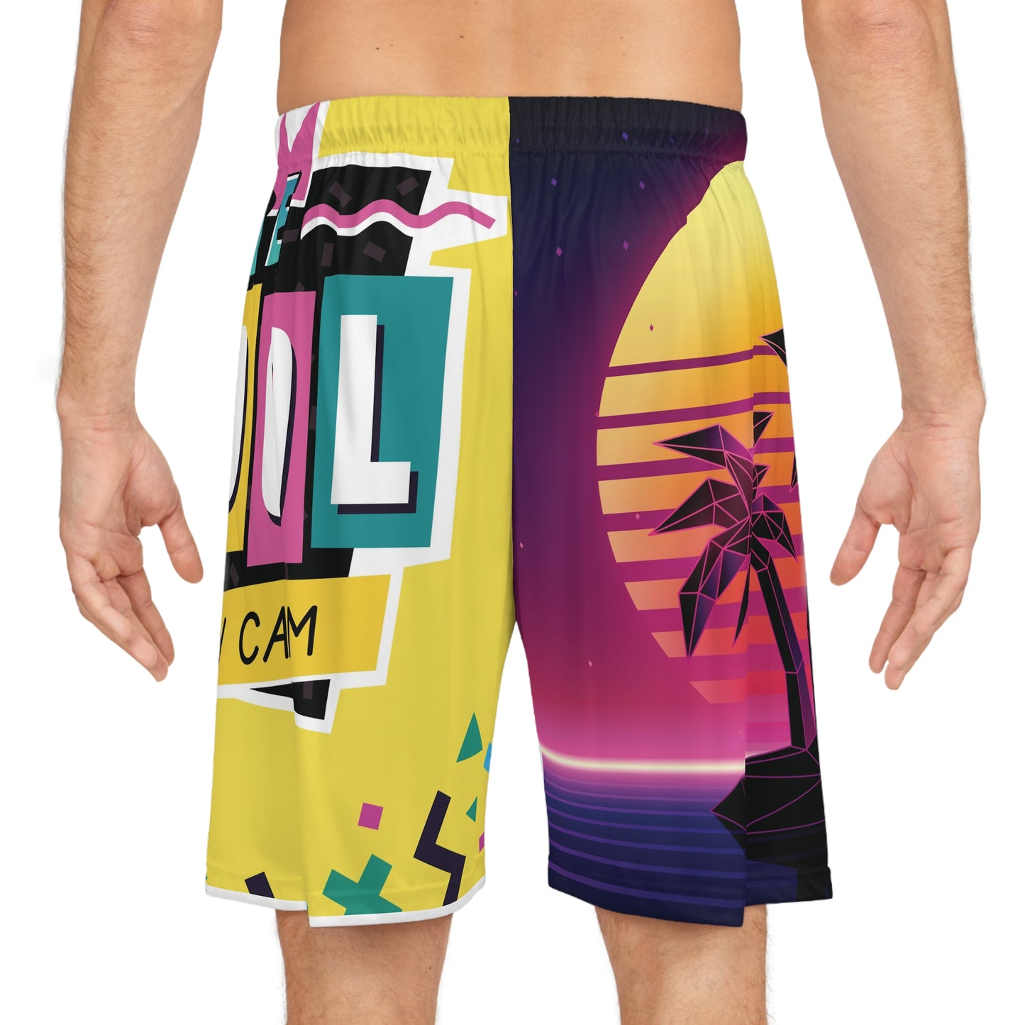 Retro Palm Sunset Basketball Shorts — "Stay Cool, Stay Calm" AOP