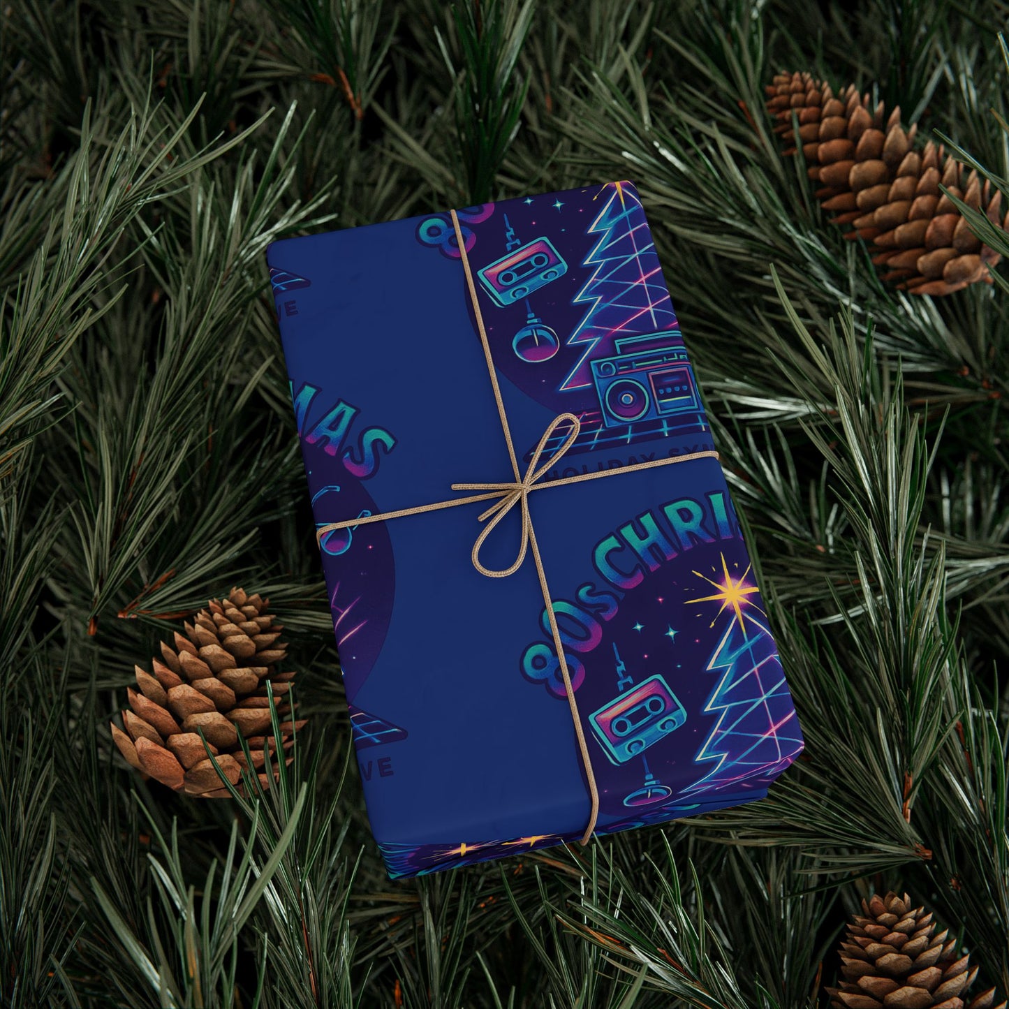 Neon Retro Christmas Wrapping Paper – 'Merry Christmas' Blue Holiday Gift Wrap