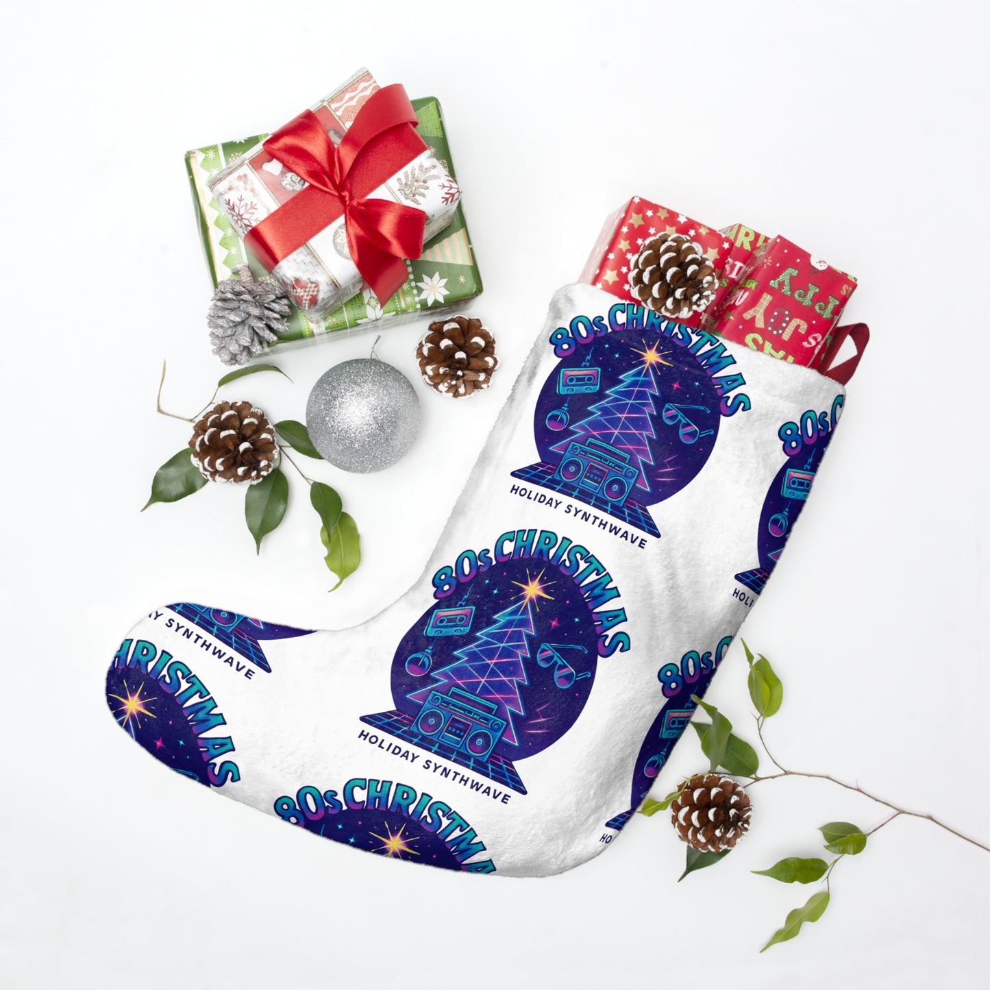 Retro Synthwave Christmas Stocking - Holiday Synthwave Music Tree Design