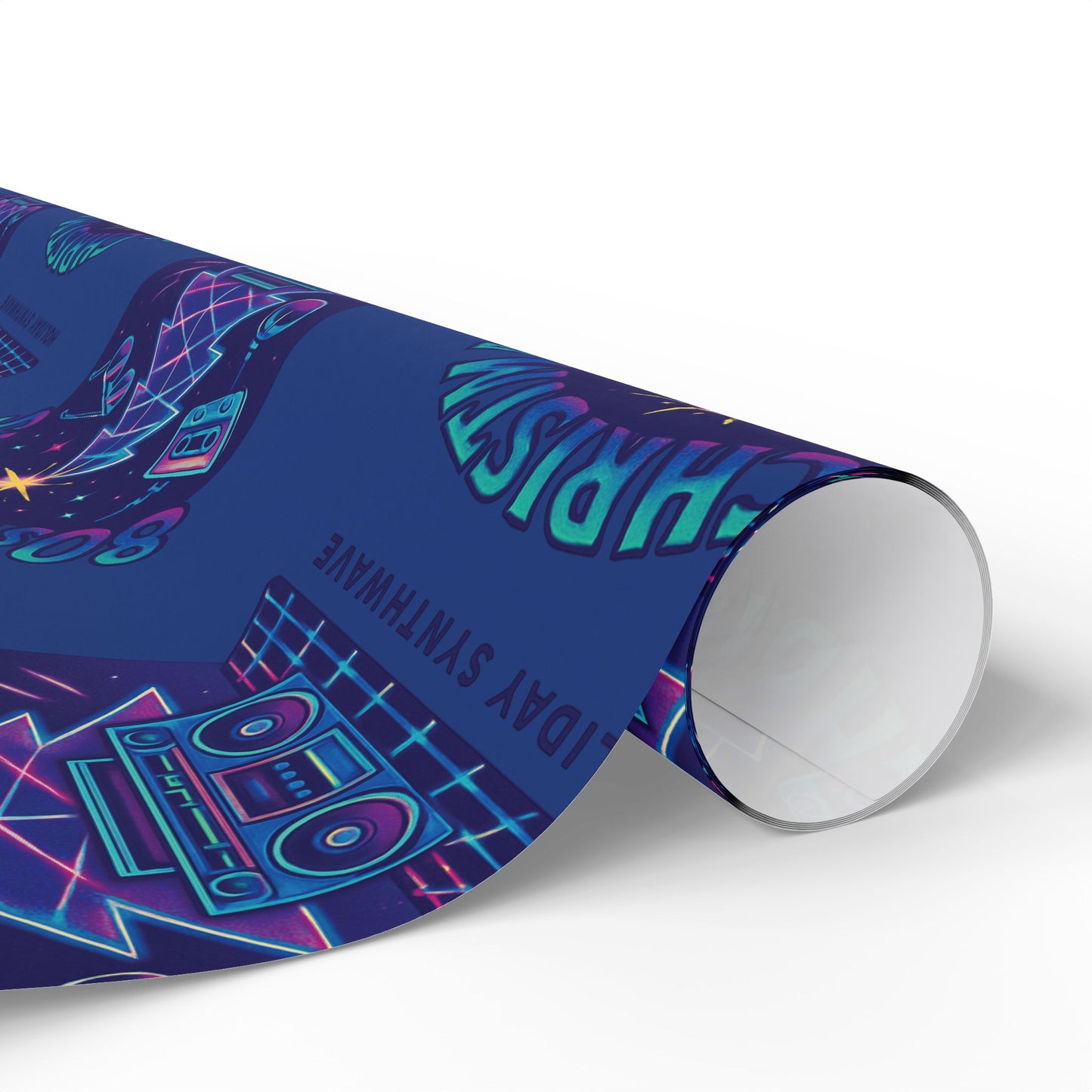 Neon Retro Christmas Wrapping Paper – 'Merry Christmas' Blue Holiday Gift Wrap