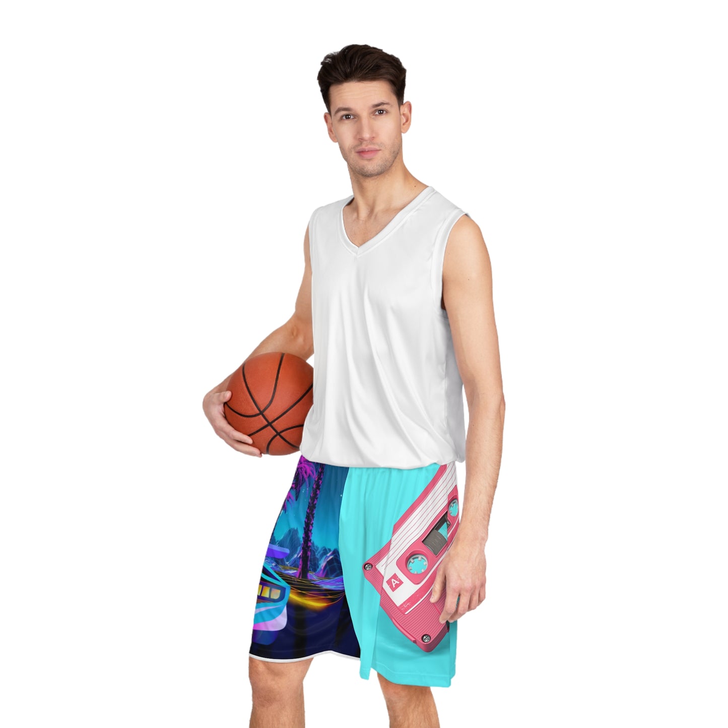Retro Vaporwave Basketball Shorts — Neon Cassette & Sports Car AOP