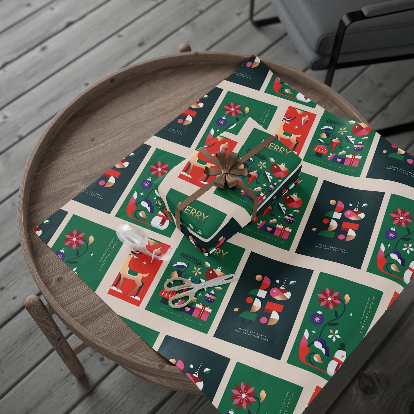 Christmas Gift Wrap Paper Roll — Festive 'Merry' Holiday Pattern with Ornaments & Snowmen