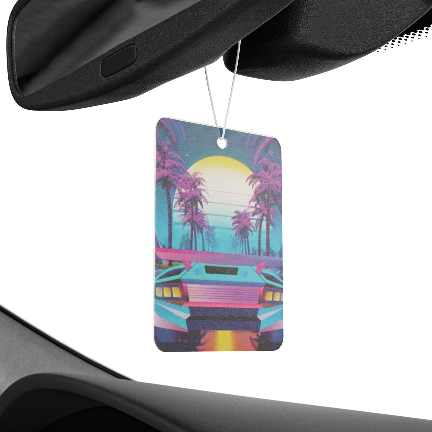 Retro Vaporwave Car Air Freshener — Neon Sports Car Palm Trees