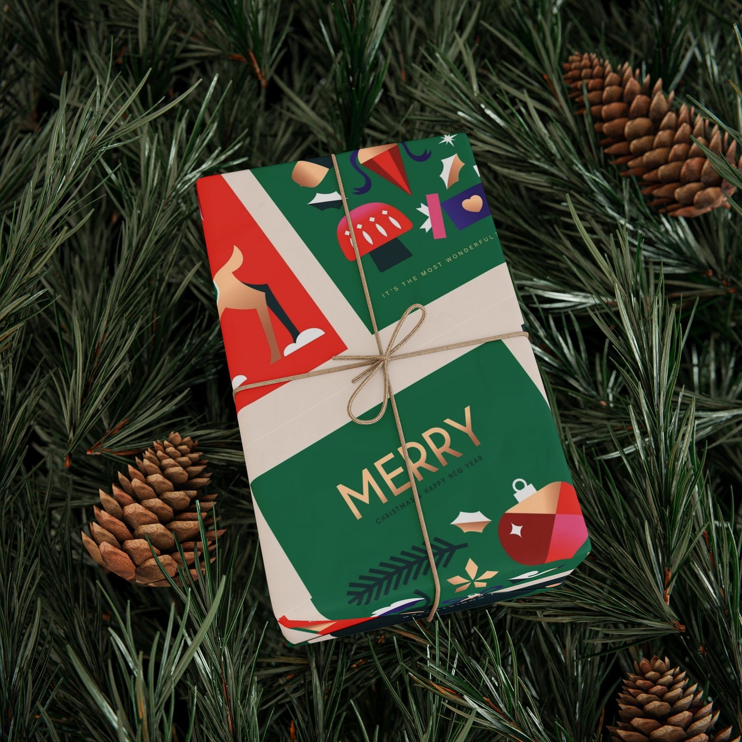 Christmas Gift Wrap Paper Roll — Festive 'Merry' Holiday Pattern with Ornaments & Snowmen