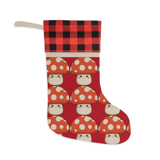 Cute Red Mushroom Christmas Stocking with Buffalo Plaid Cuff