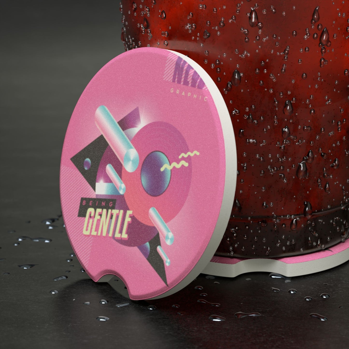 Retro Pink Geometric Car Coaster — 'Be Kind, Be Gentle' Soapstone Cup Holder Mat