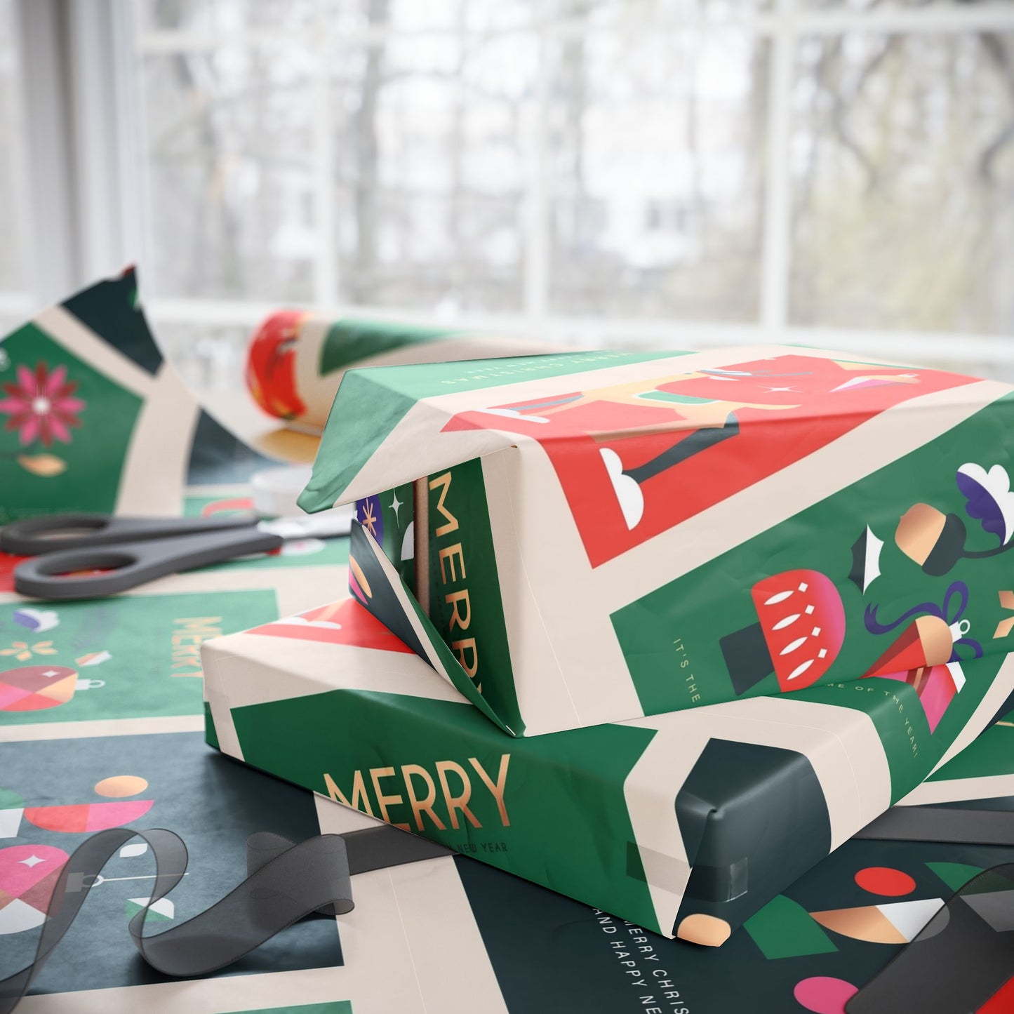 Christmas Gift Wrap Paper Roll — Festive 'Merry' Holiday Pattern with Ornaments & Snowmen