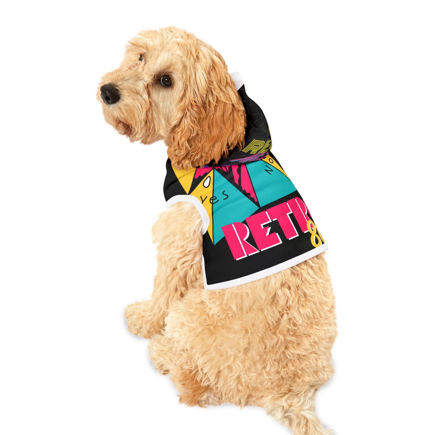 Retro 80s Pet Hoodie – Colorful Mixtape Boom Box Design