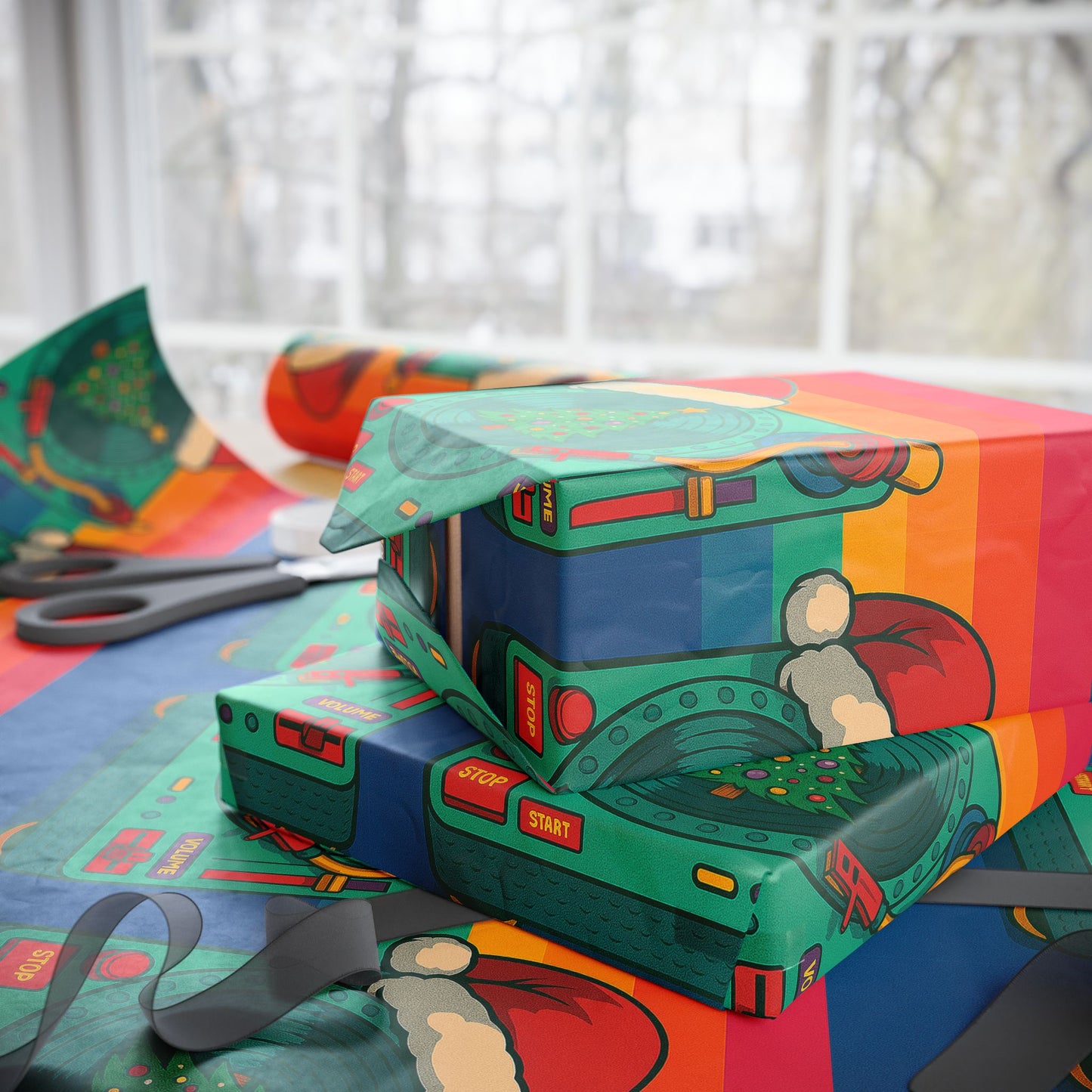 Retro Boombox Christmas Wrapping Paper — Vintage Radio with Santa Hat Holiday Gift Wrap