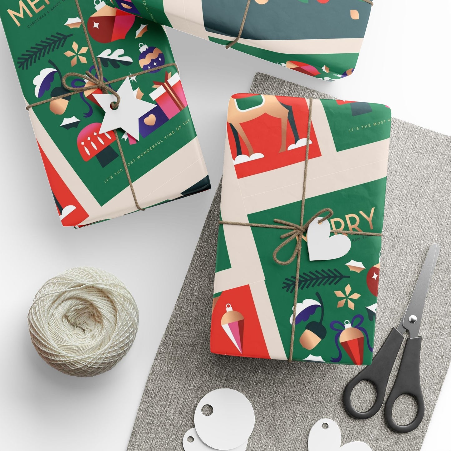 Christmas Gift Wrap Paper Roll — Festive 'Merry' Holiday Pattern with Ornaments & Snowmen