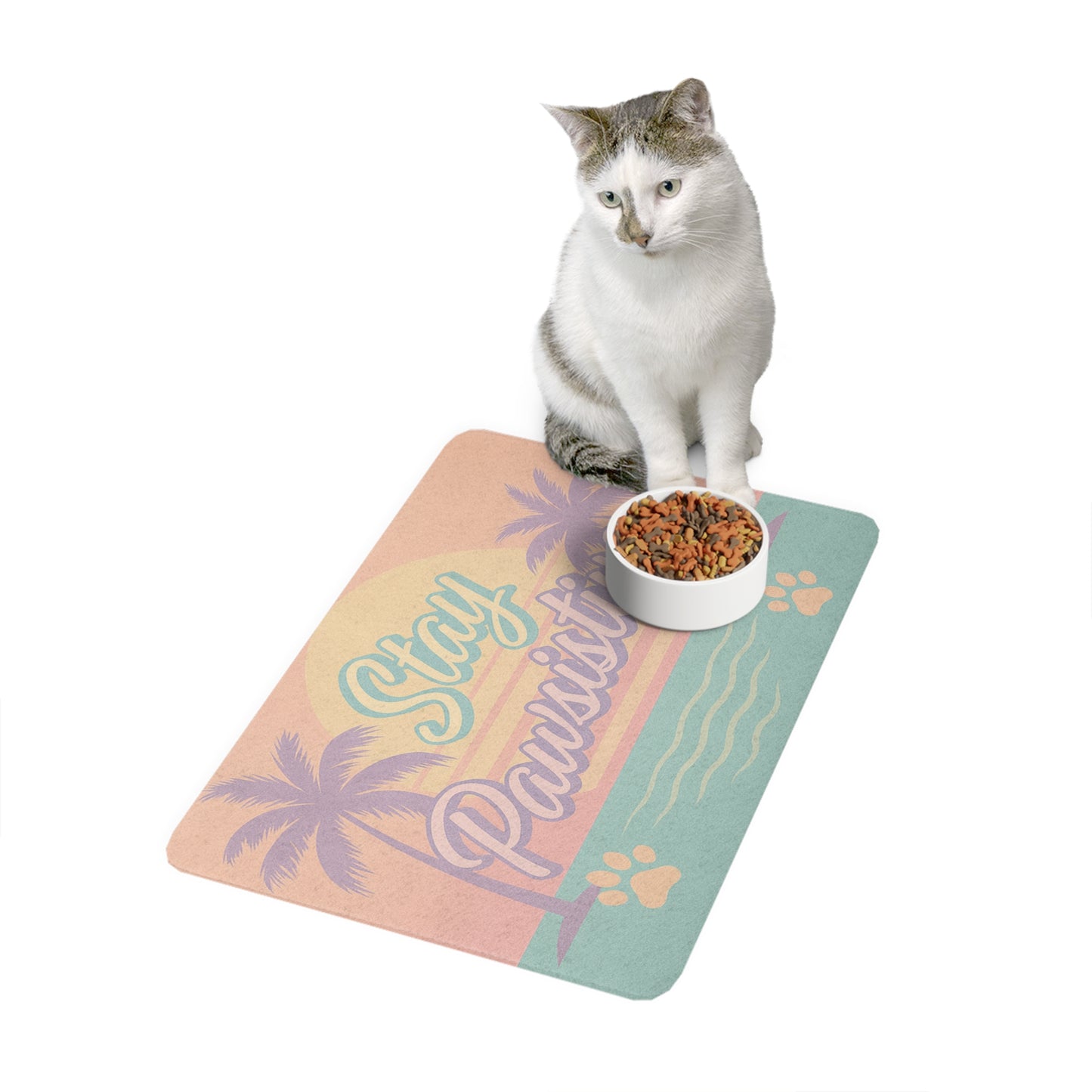 Stay Pawsistive Pet Food Mat — Retro Beach Dog Bowl Placemat