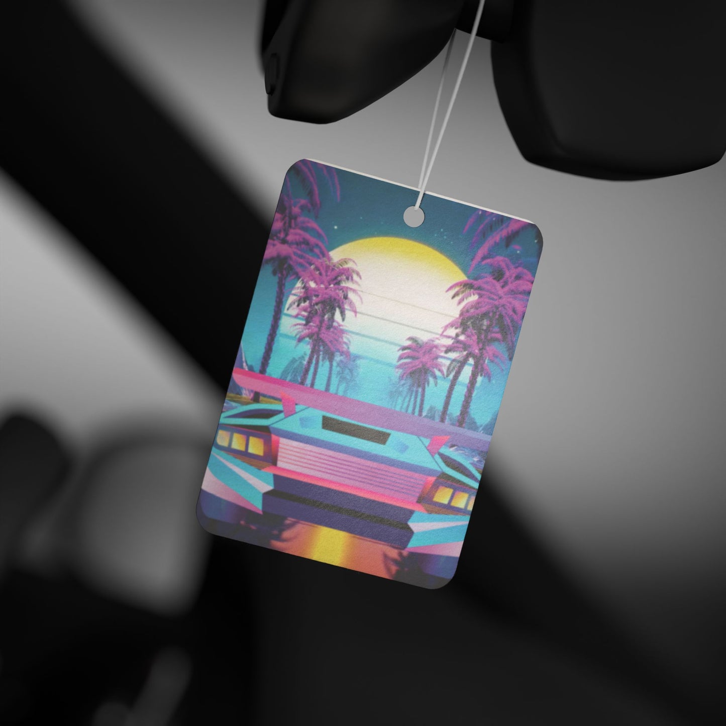 Retro Vaporwave Car Air Freshener — Neon Sports Car Palm Trees