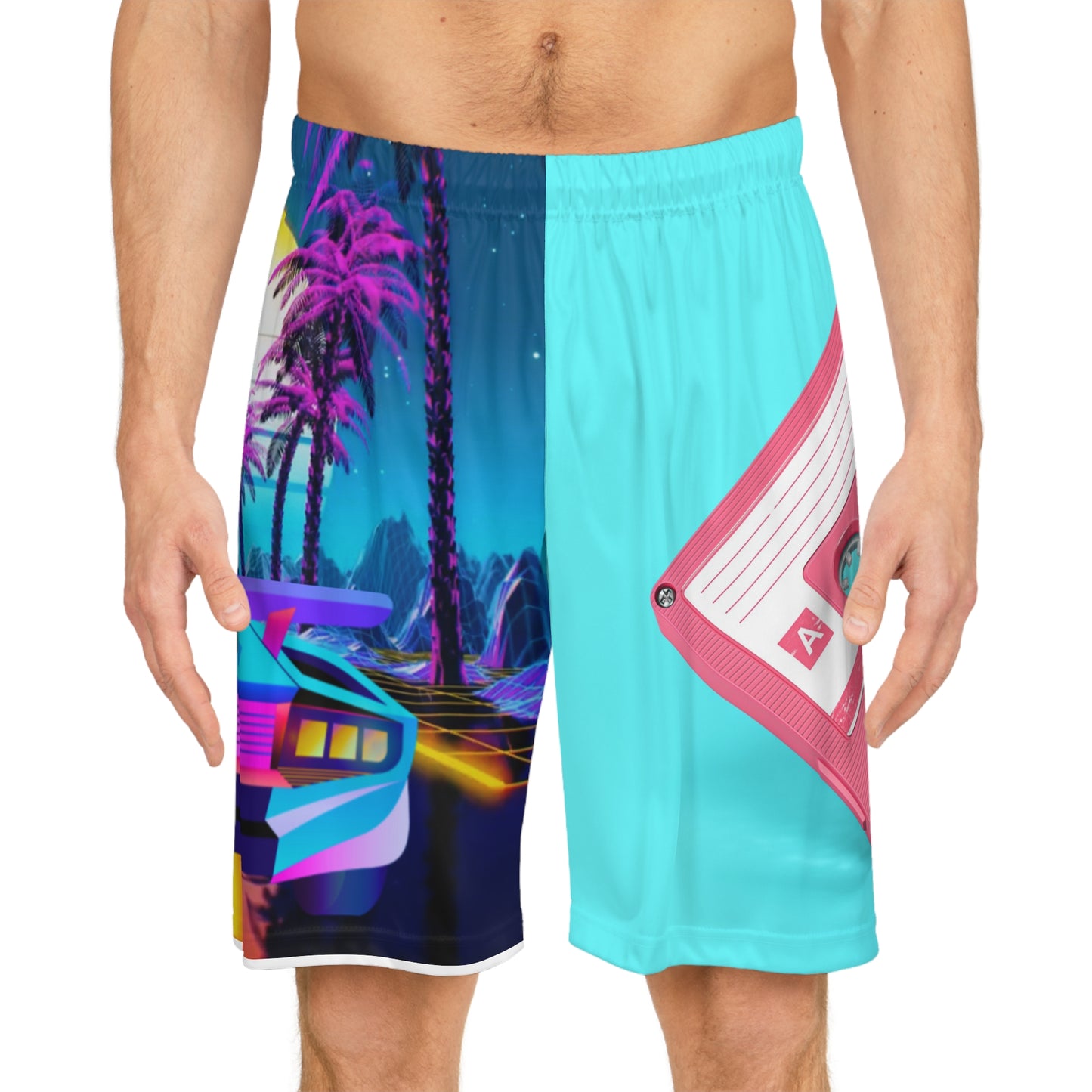 Retro Vaporwave Basketball Shorts — Neon Cassette & Sports Car AOP