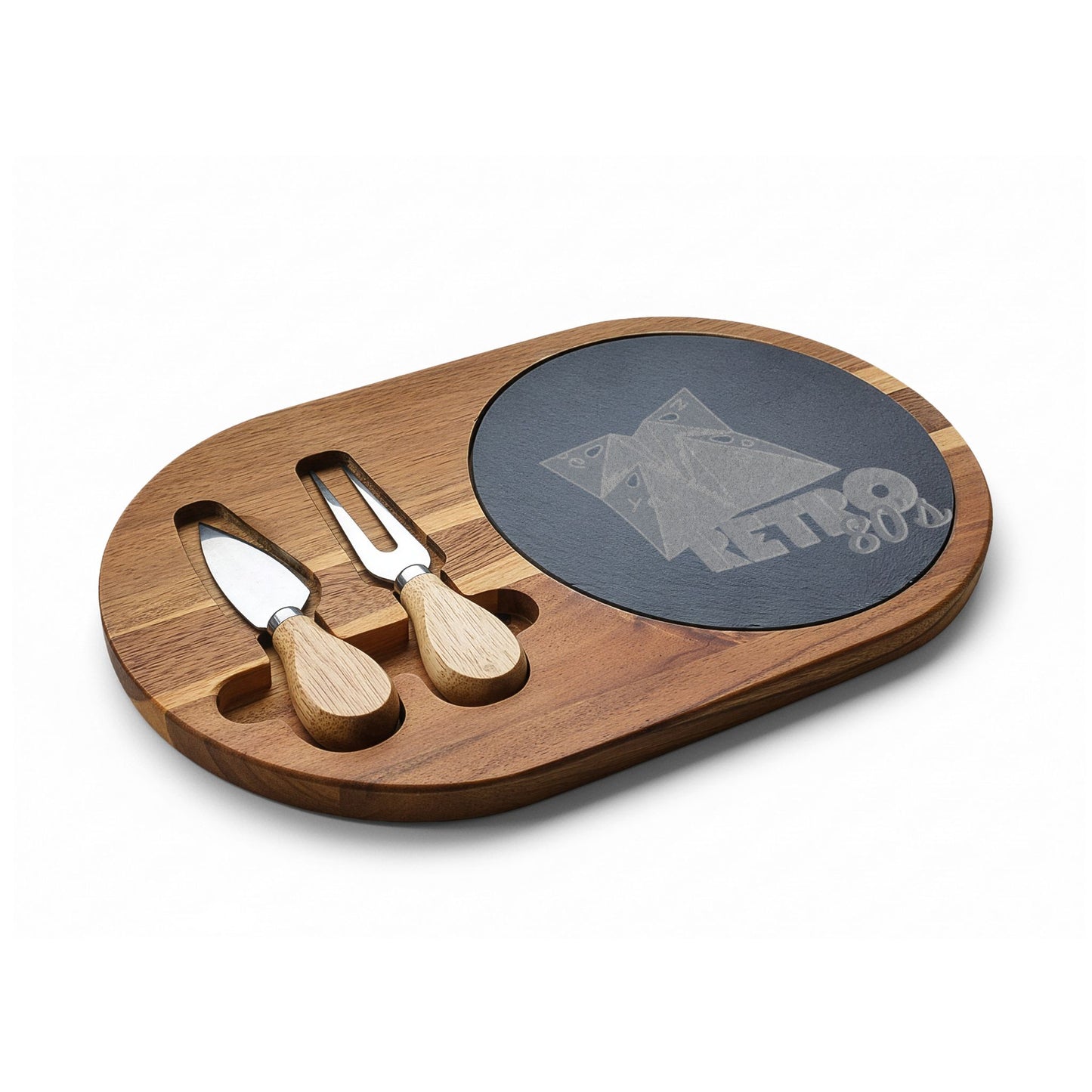 Engraved Oak Charcuterie Board with Slate Insert & Cheese Tools – 'Retro 80s' Design
