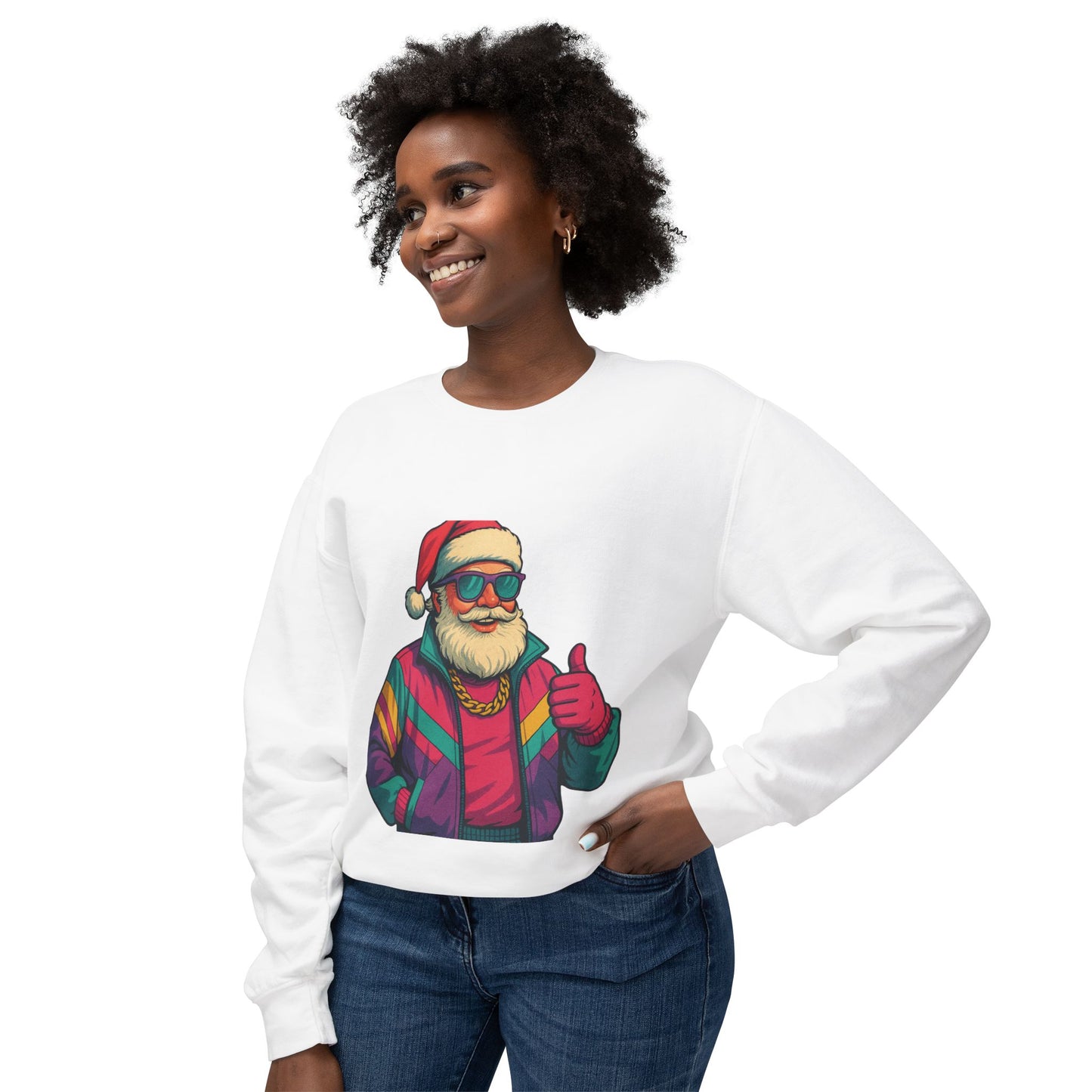 Retro 80s Christmas Sweatshirt – Synthwave Santa Thumbs Up