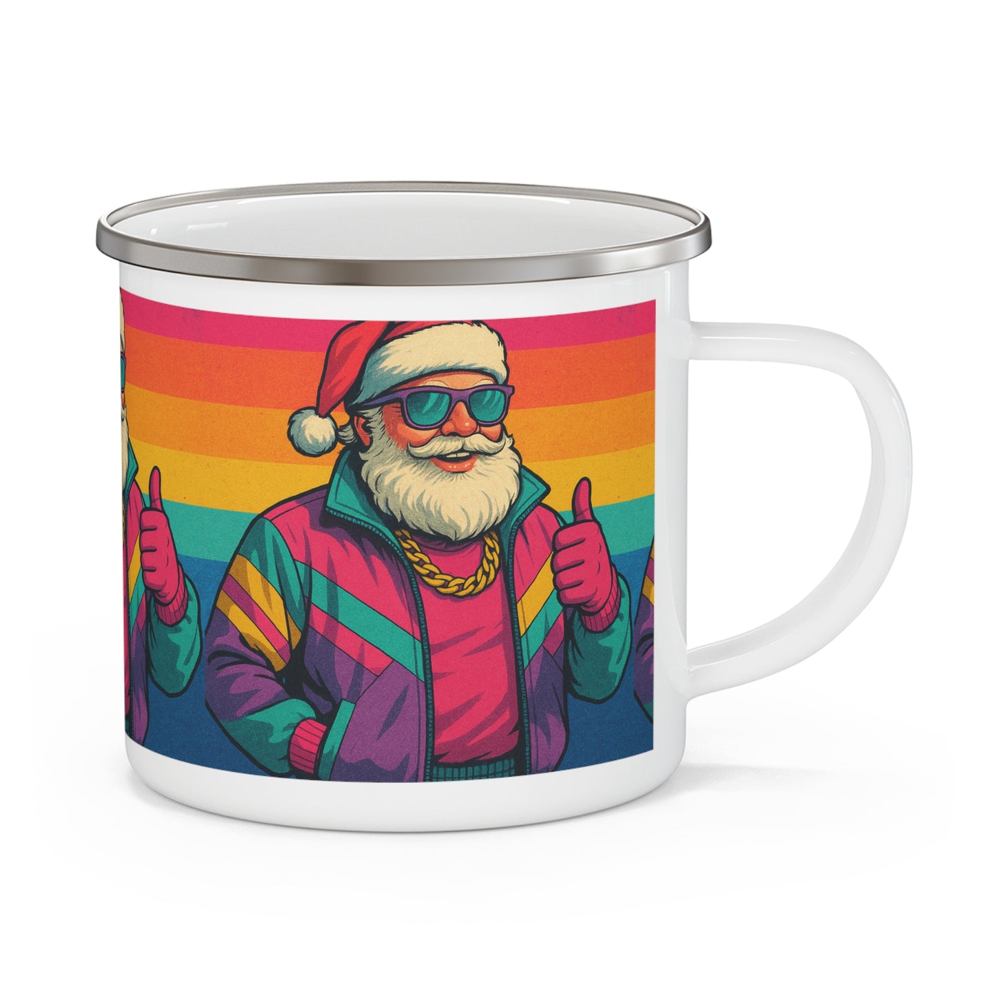 Retro Santa Enamel Camping Mug — Colorful ’80s Santa Coffee Cup