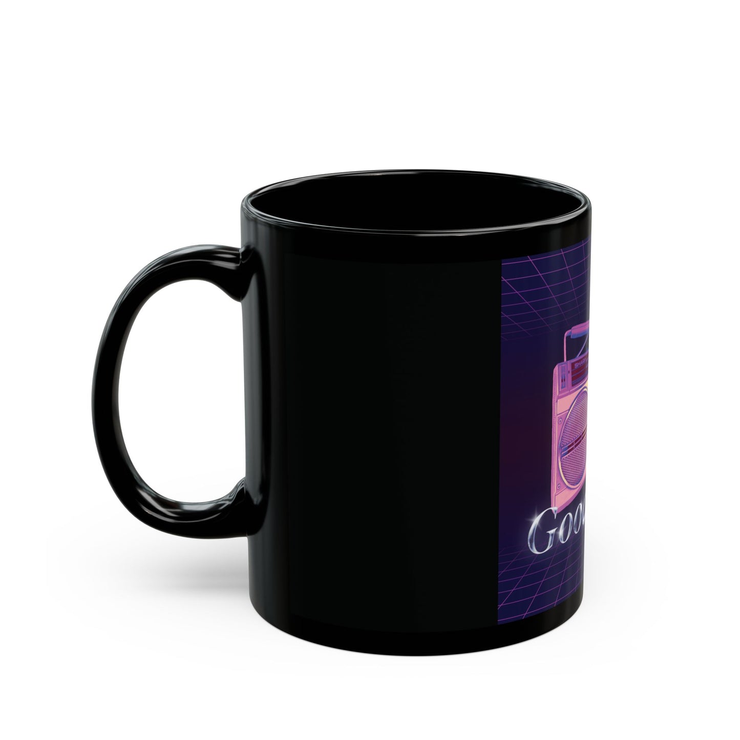 Good Times Boombox Black Mug — Retro 80s Vaporwave Coffee Cup (11oz/15oz)