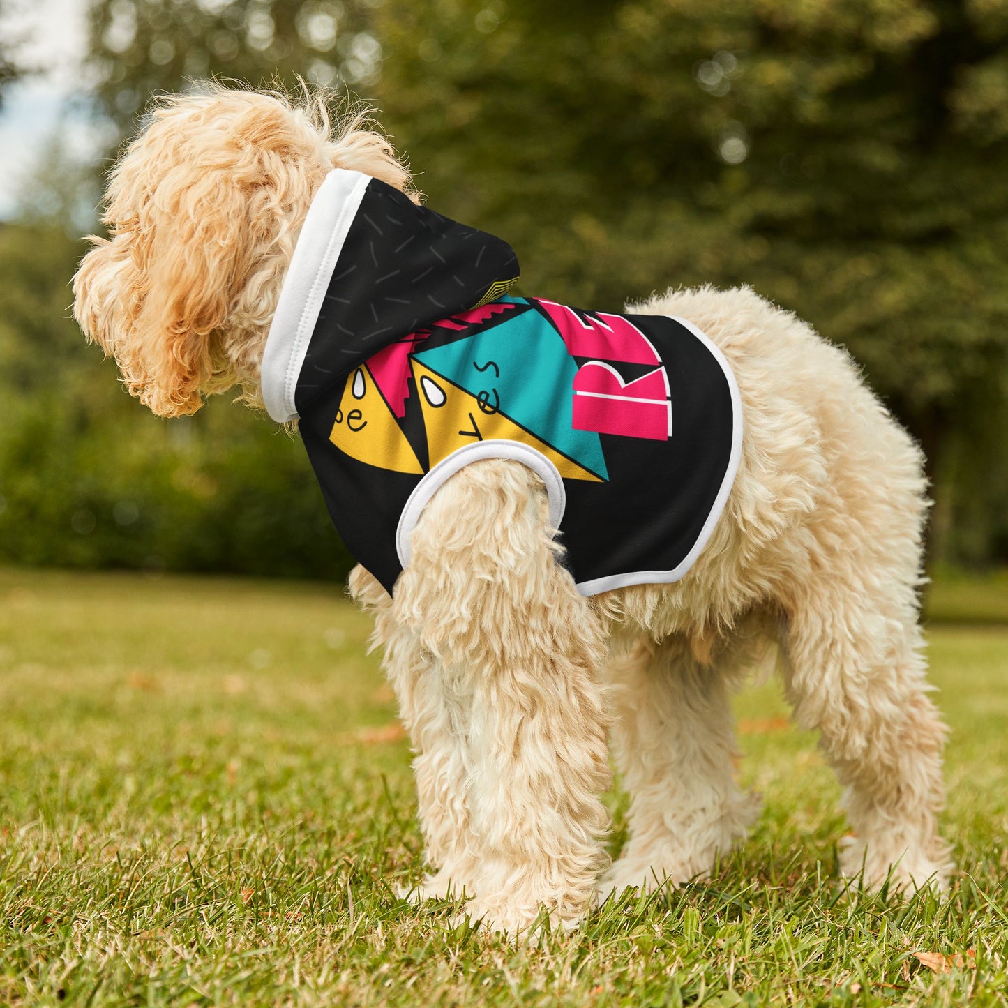 Retro 80s Pet Hoodie – Colorful Mixtape Boom Box Design