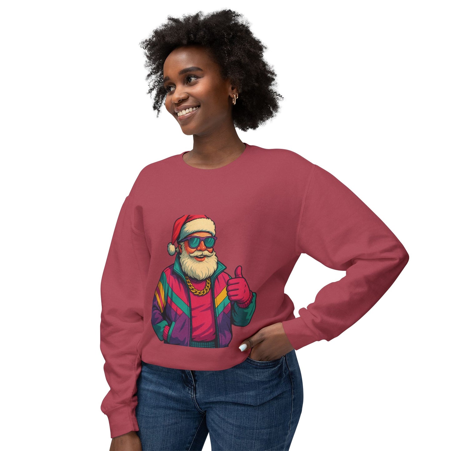 Retro 80s Christmas Sweatshirt – Synthwave Santa Thumbs Up
