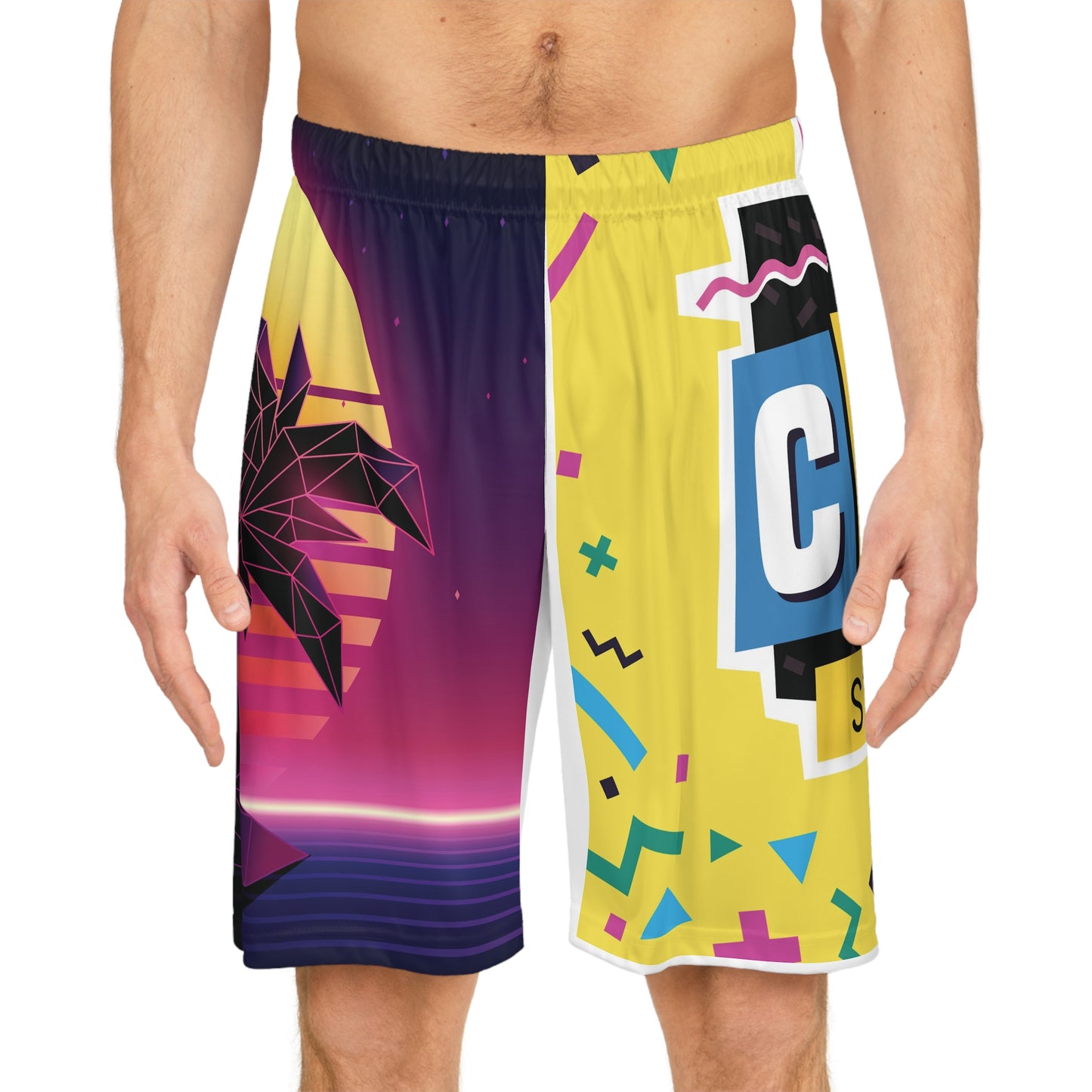 Retro Palm Sunset Basketball Shorts — "Stay Cool, Stay Calm" AOP