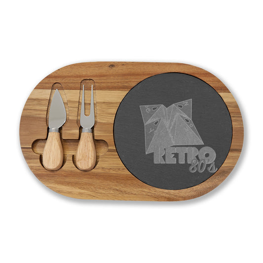 Engraved Oak Charcuterie Board with Slate Insert & Cheese Tools – 'Retro 80s' Design